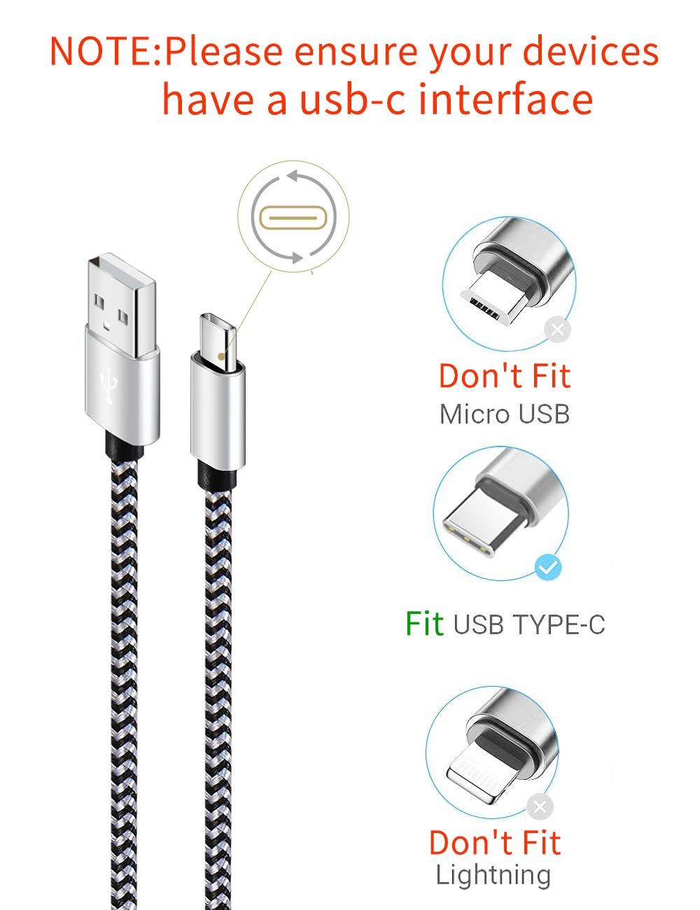 Clarifies which devices the cable is compatible with (USB Type-C) and which it is not (Micro USB and Lightning), helping shoppers avoid purchasing the wrong…