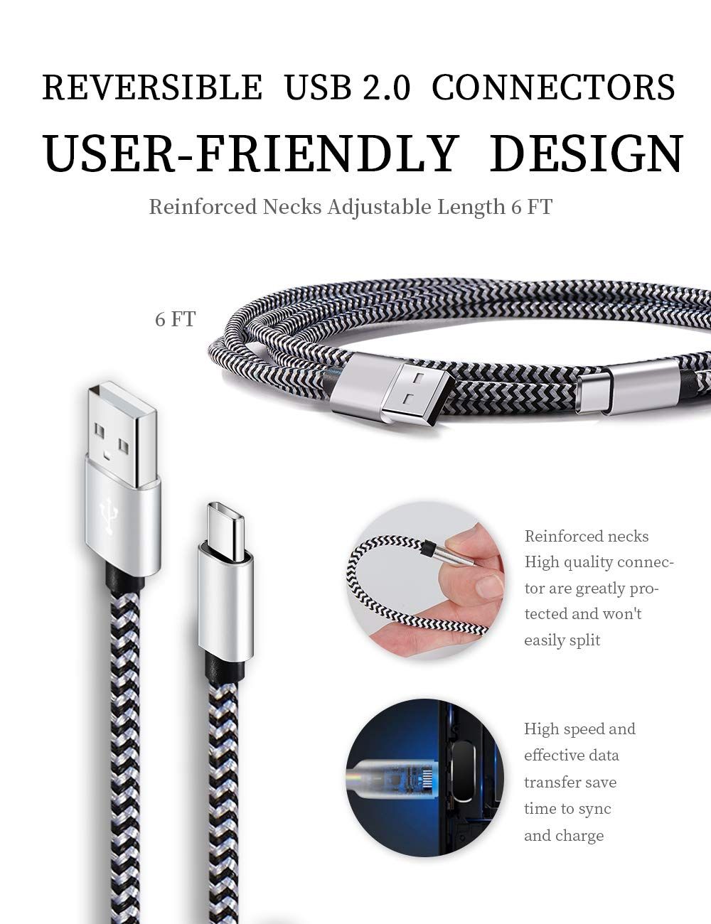 This image communicates multiple product benefits in a segmented layout: the reversible user-friendly design, reinforced durability, adjustable length, and…