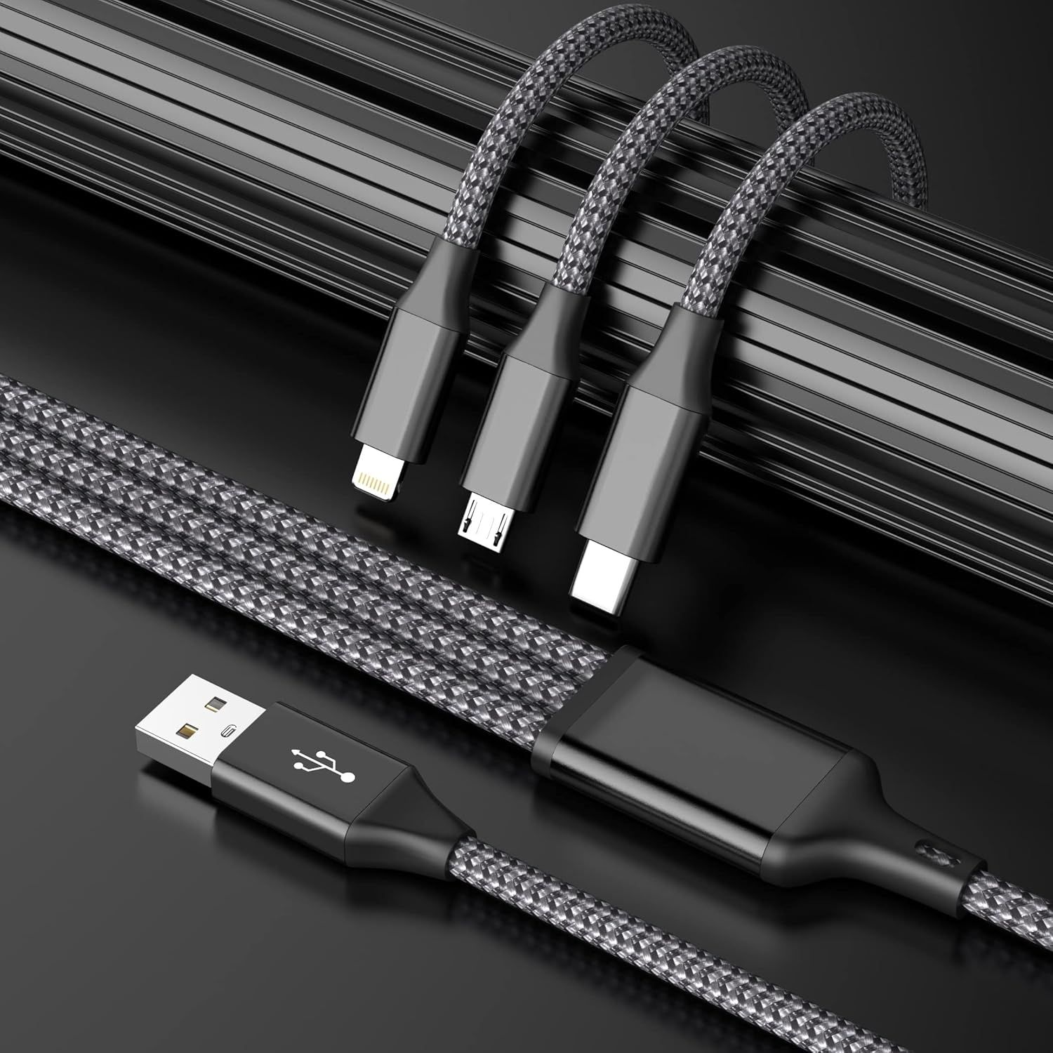 Demonstrates that this single cable can charge multiple device types (Lightning, Micro-USB, and USB-C), providing versatility and convenience for users with…