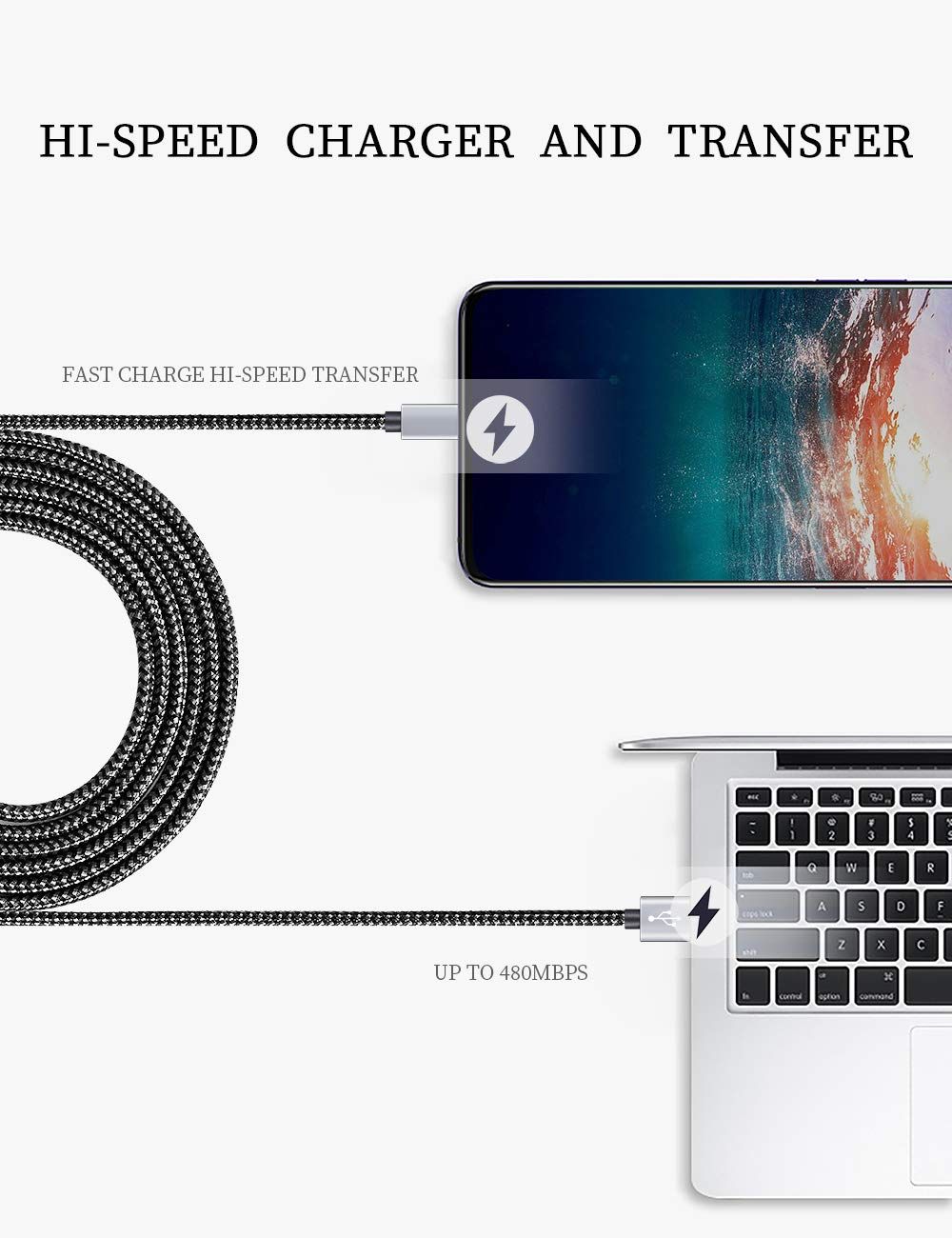Communicates the cable's dual performance capabilities—fast charging and high-speed data transfer up to 480Mbps—to reassure shoppers of efficient charging and…