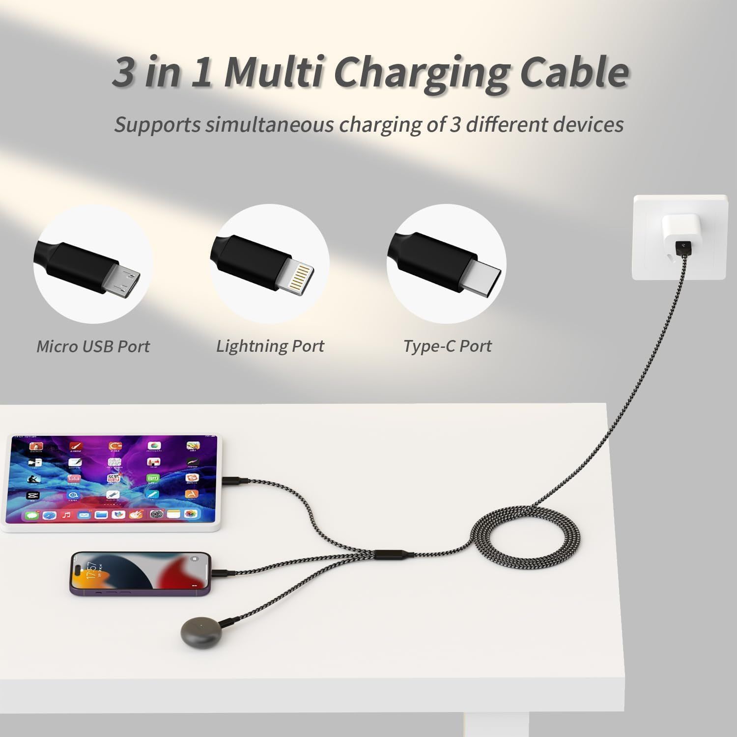 Demonstrates the cable's versatility by showing it can charge three different device types simultaneously (Micro USB, Lightning, and Type-C), reassuring…