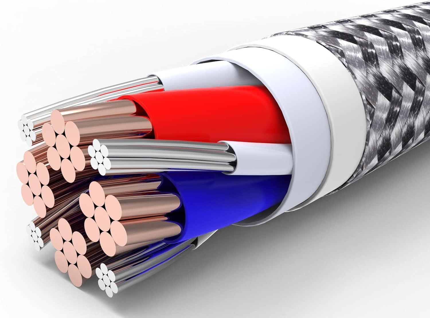 This image breaks down the internal structure of the cable to show shoppers the quality construction, multiple protective layers, and copper conductor…
