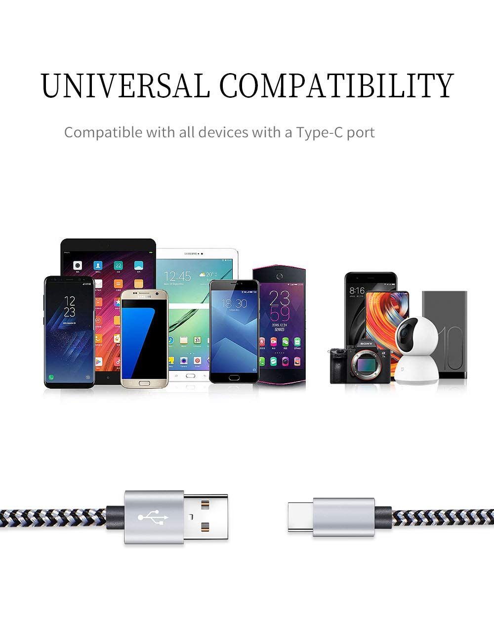 Demonstrates that the cable is compatible with a wide range of devices including smartphones, tablets, cameras, and other electronics with Type-C ports,…