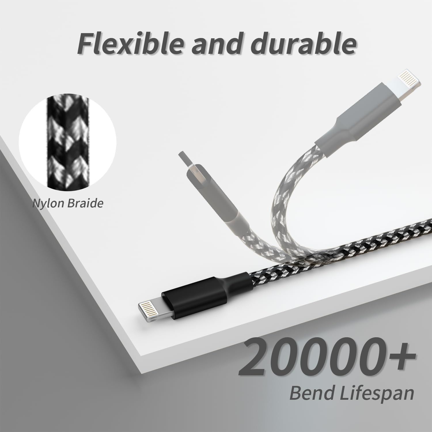 Communicates the product's exceptional durability through a quantifiable performance metric, reassuring shoppers that the cable can withstand over 20,000…