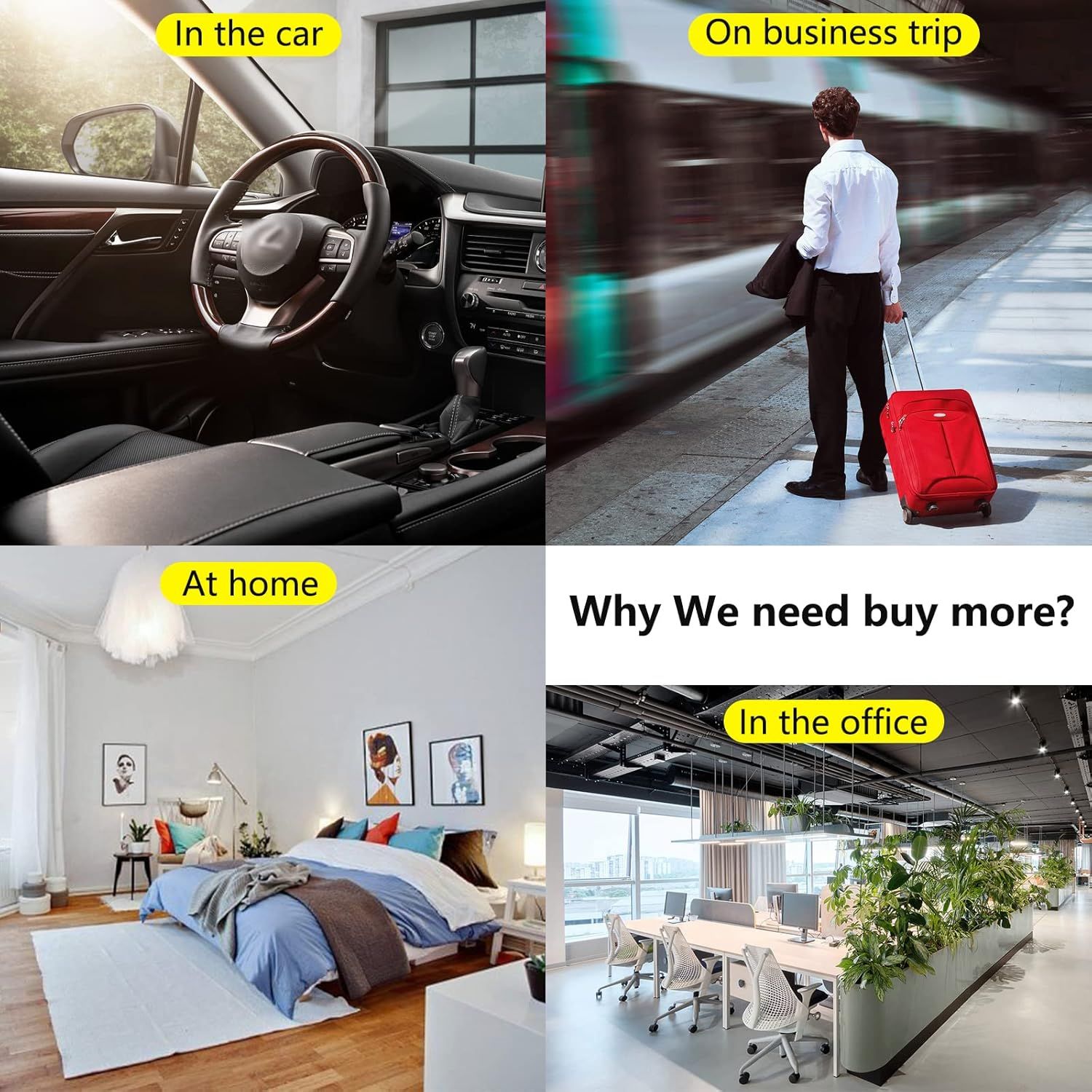 Demonstrates the product's versatility by showing it can be used in multiple real-world scenarios: in the car, on business trips, at home, and in the office,…