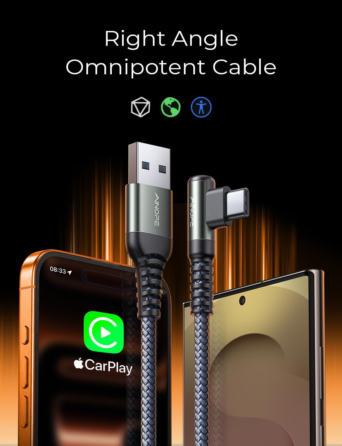 Highlights the cable's right-angle omnipotent design and CarPlay compatibility, emphasizing convenience and versatility for in-car use and device charging. Communicates the product's environmental…