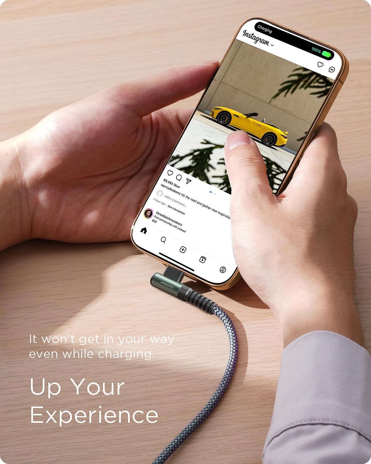 Demonstrates that the charging cable is designed to stay out of the way during phone use, allowing users to comfortably browse and interact with their device…