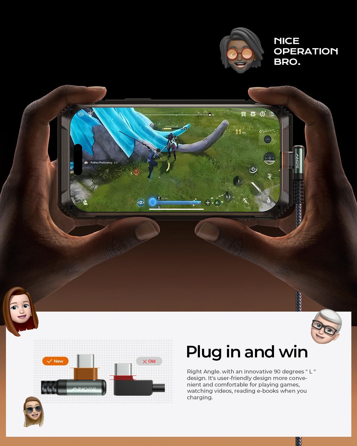 Demonstrates the innovative right-angle charging design that allows comfortable gaming, video watching, and e-book reading while the device is charging.