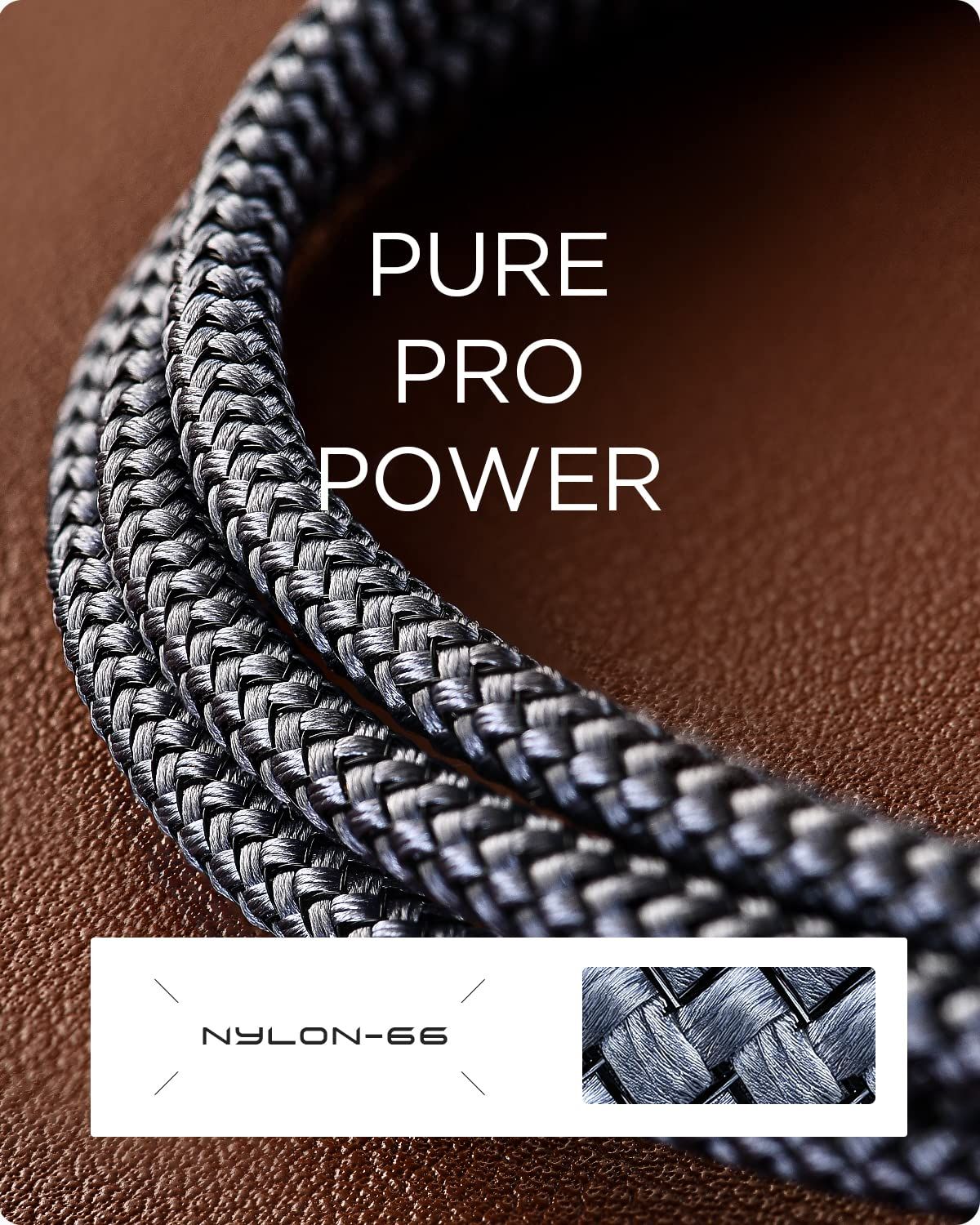 Highlights the high-quality braided nylon-66 construction of the cable to communicate durability, professional-grade performance, and premium material strength.