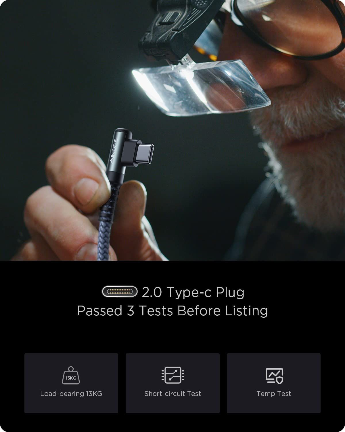 Communicates that the Type-C cable has passed rigorous quality and safety tests (load-bearing, short-circuit, and temperature tests) to reassure shoppers of its reliability and durability.…