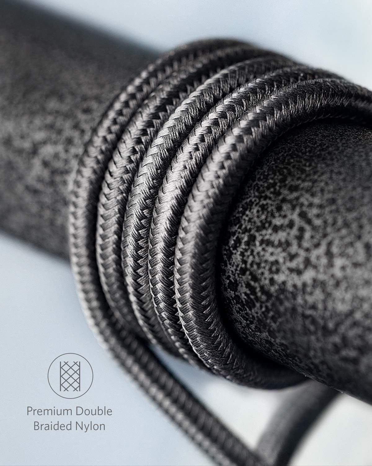 Highlights the premium material construction and quality of the braided nylon cable to reassure shoppers of durability and superior craftsmanship.