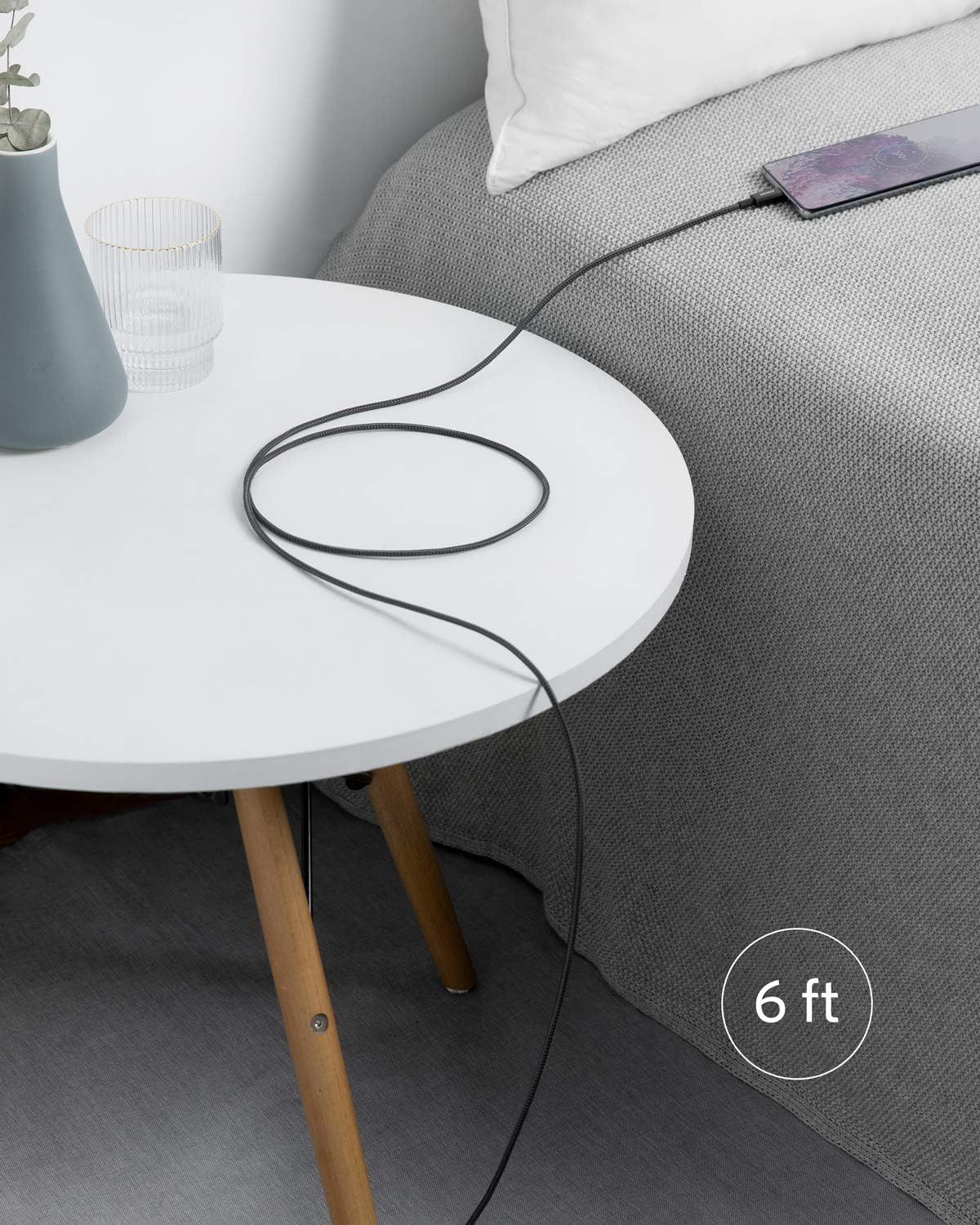 Communicates that the charging cable is 6 feet long, reassuring shoppers they'll have sufficient reach from outlet to bedside or other use locations. Shows…
