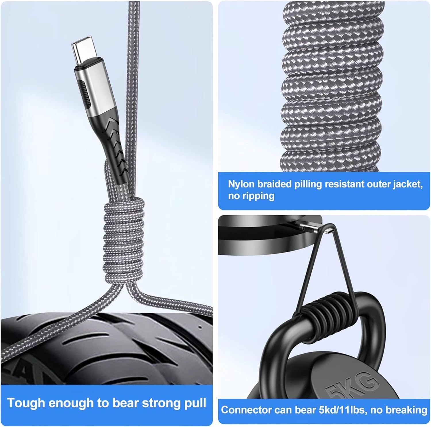 Communicates the cable's durability through multiple distinct benefits: the braided exterior prevents pilling and ripping, the cable withstands strong pulling…