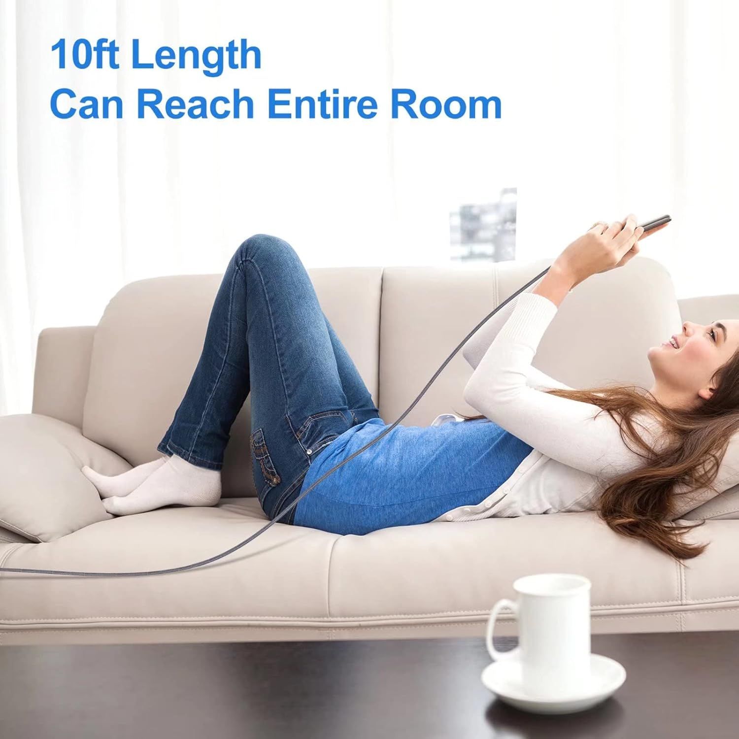 Communicates the cable's 10-foot length as a key performance feature, reassuring shoppers they can use their device comfortably from anywhere in the room…