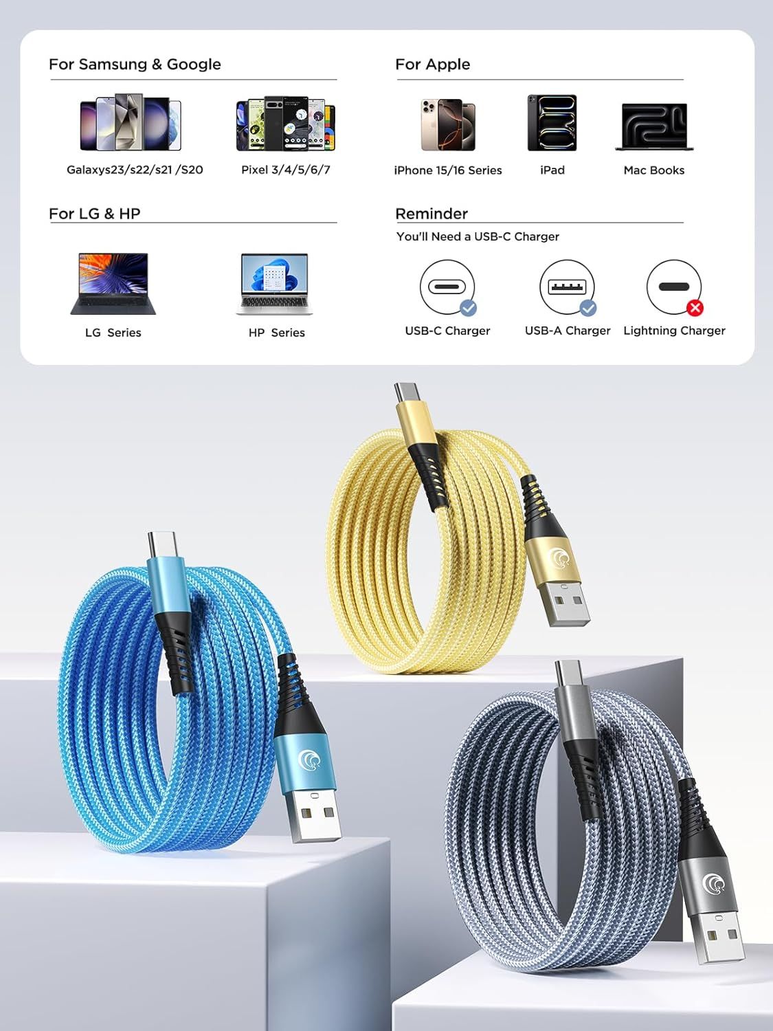 Shows shoppers which devices and brands the charging cable is compatible with, helping them confirm it will work with their specific phone, tablet, or laptop.