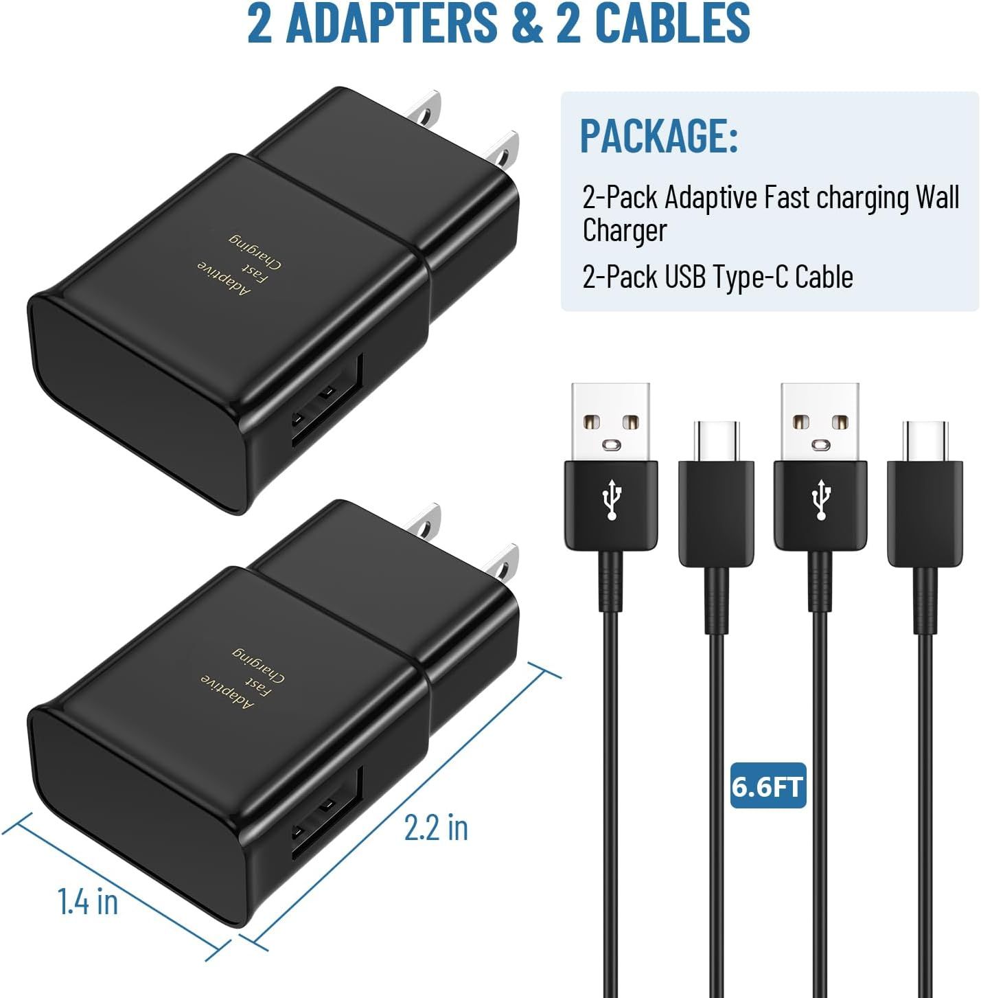 Shows the customer exactly what they will receive in the package: two adaptive fast charging wall chargers and two USB Type-C cables, helping set clear expectations for the bundle contents.…