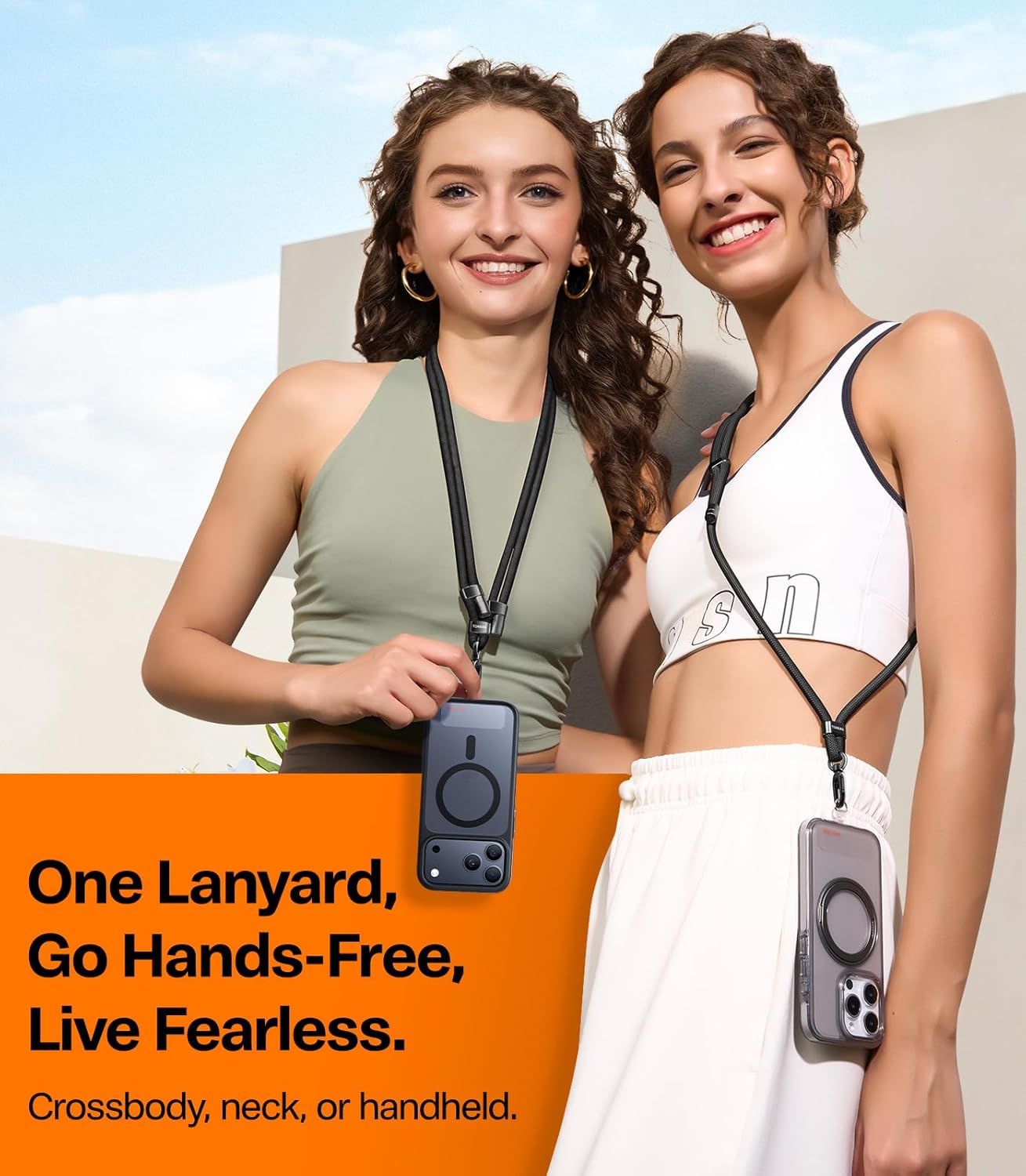 Demonstrates the versatility of the phone lanyard by showing it can be worn in multiple ways—crossbody, around the neck, or handheld—giving shoppers confidence in its adaptability to different use…