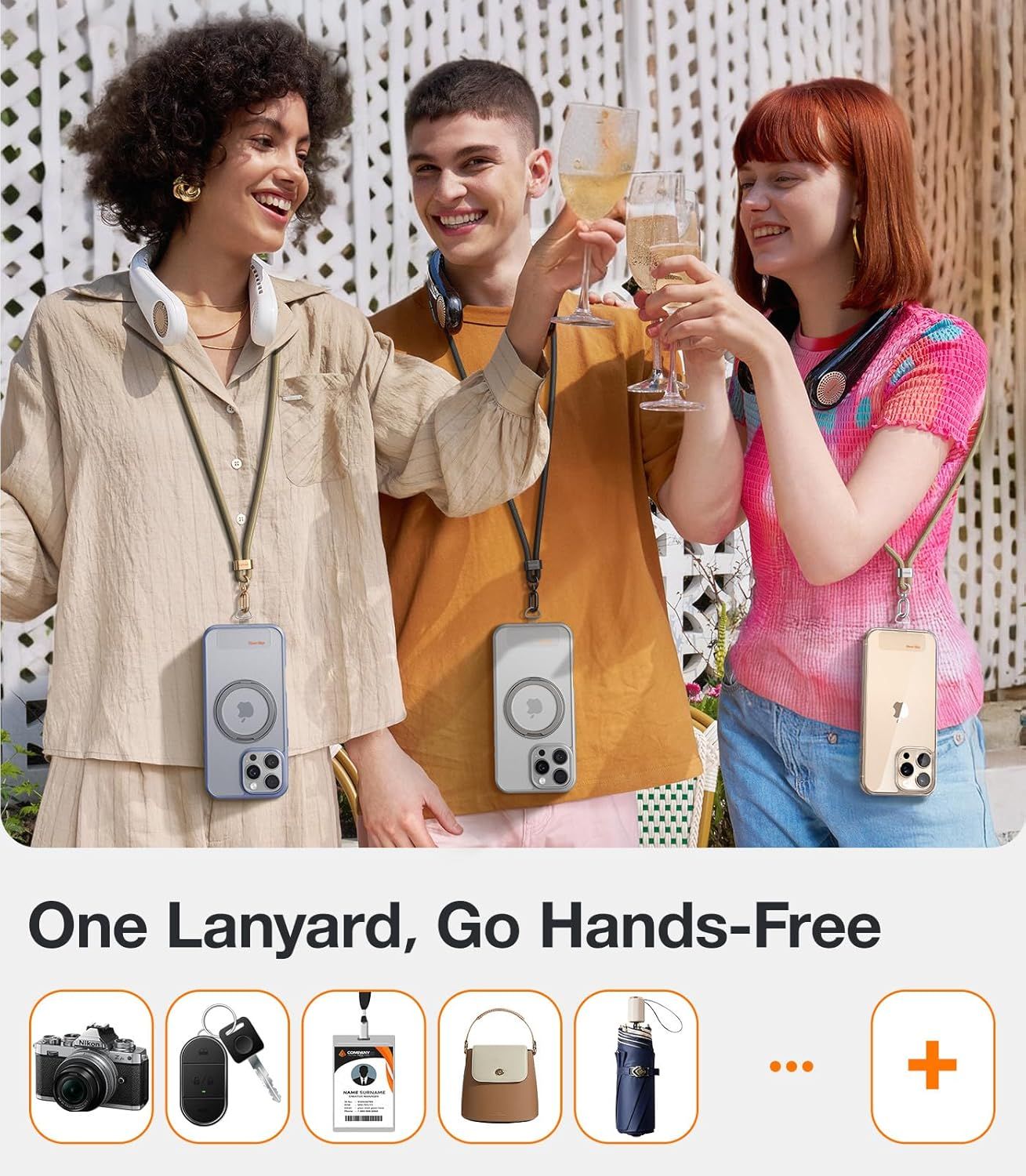 Demonstrates the versatility of the lanyard accessory by showing it can be used with multiple items (phone, camera, keys, umbrella, bag, etc.) to enable hands-free carrying in various real-world…