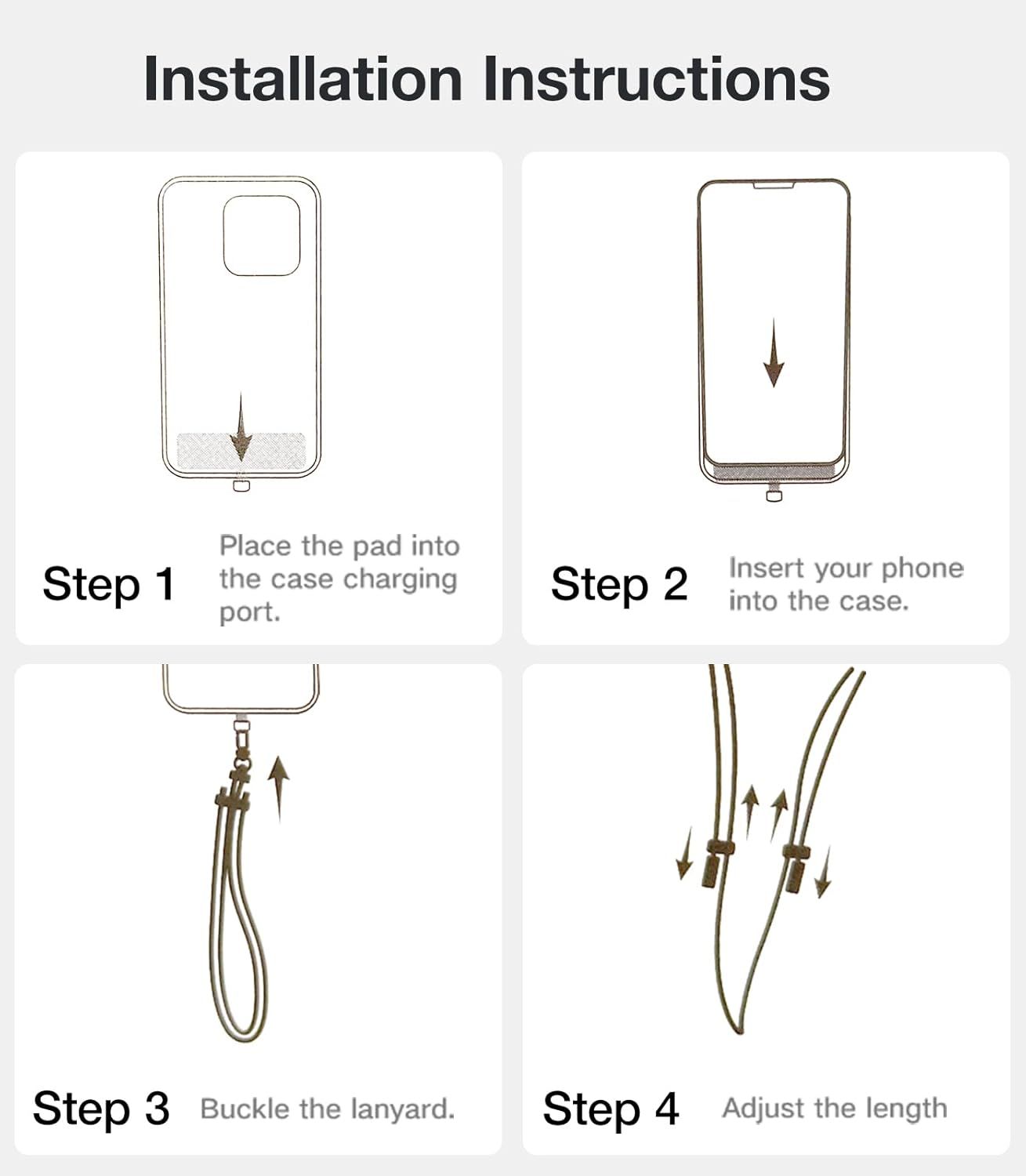 Provides clear step-by-step instructions for installing and setting up the phone case with charging pad and lanyard, ensuring shoppers understand the complete installation process.