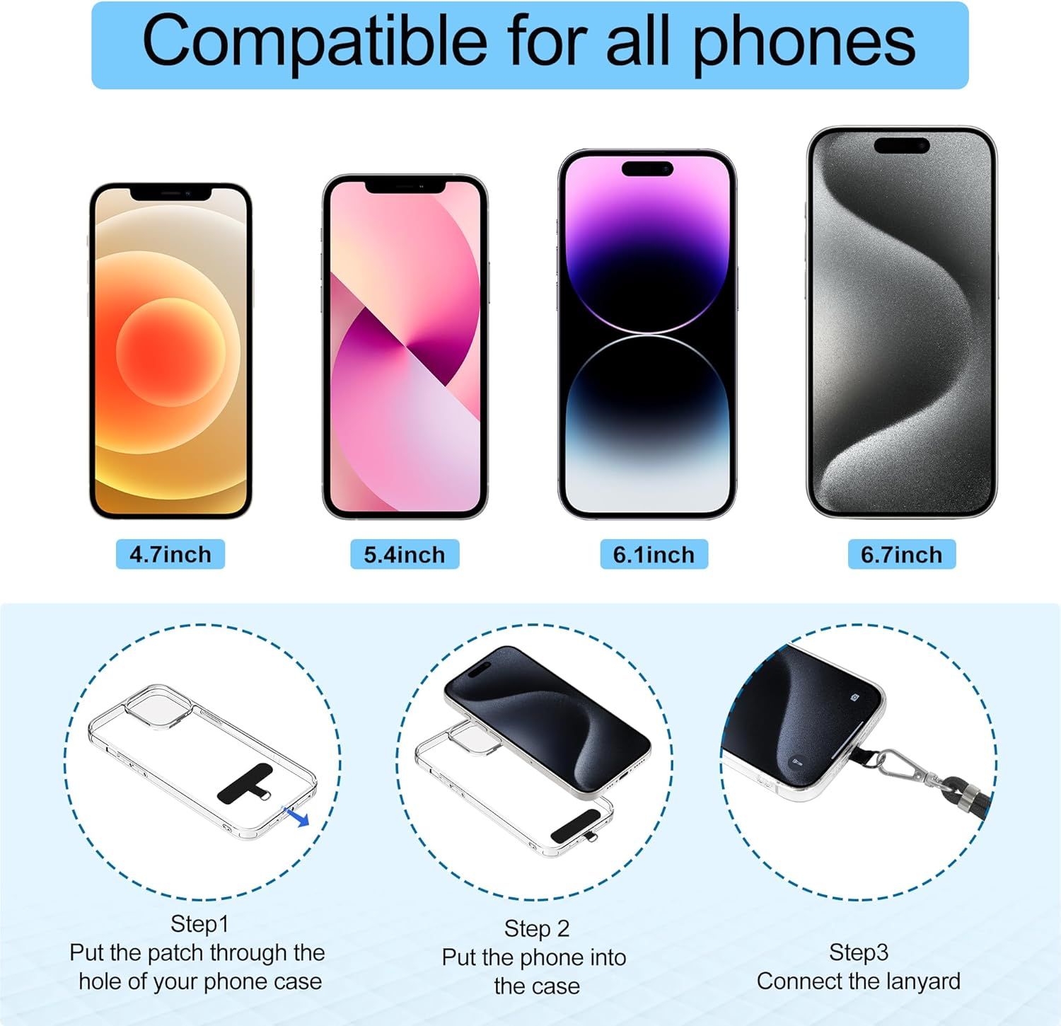 Demonstrates that the product works with multiple phone sizes (4.7-6.7 inch) and shows how to install and use the lanyard attachment system across different devices. Provides clear step-by-step…