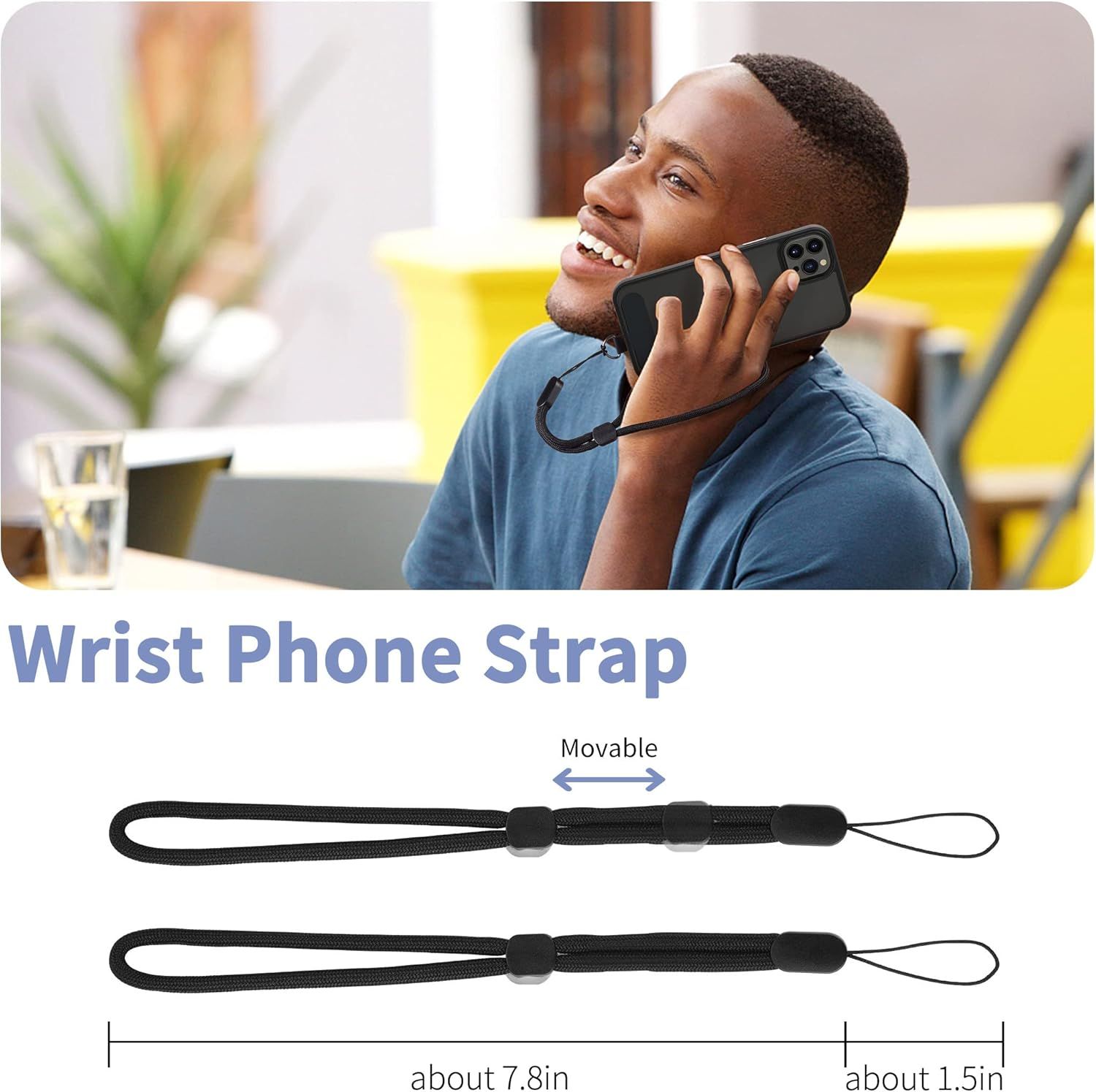 Demonstrates the product's adjustable, movable wrist strap design that allows hands-free phone use, providing convenience and security for the user.