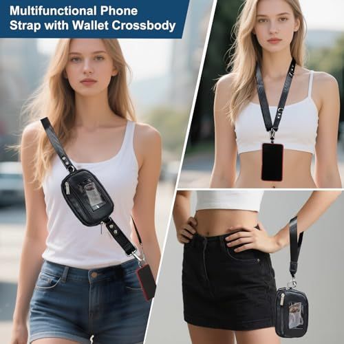 Demonstrates the product's versatility by showing three different ways to wear the phone strap crossbody—as a wallet crossbody, phone holder around the neck, and side bag—reassuring shoppers of its…
