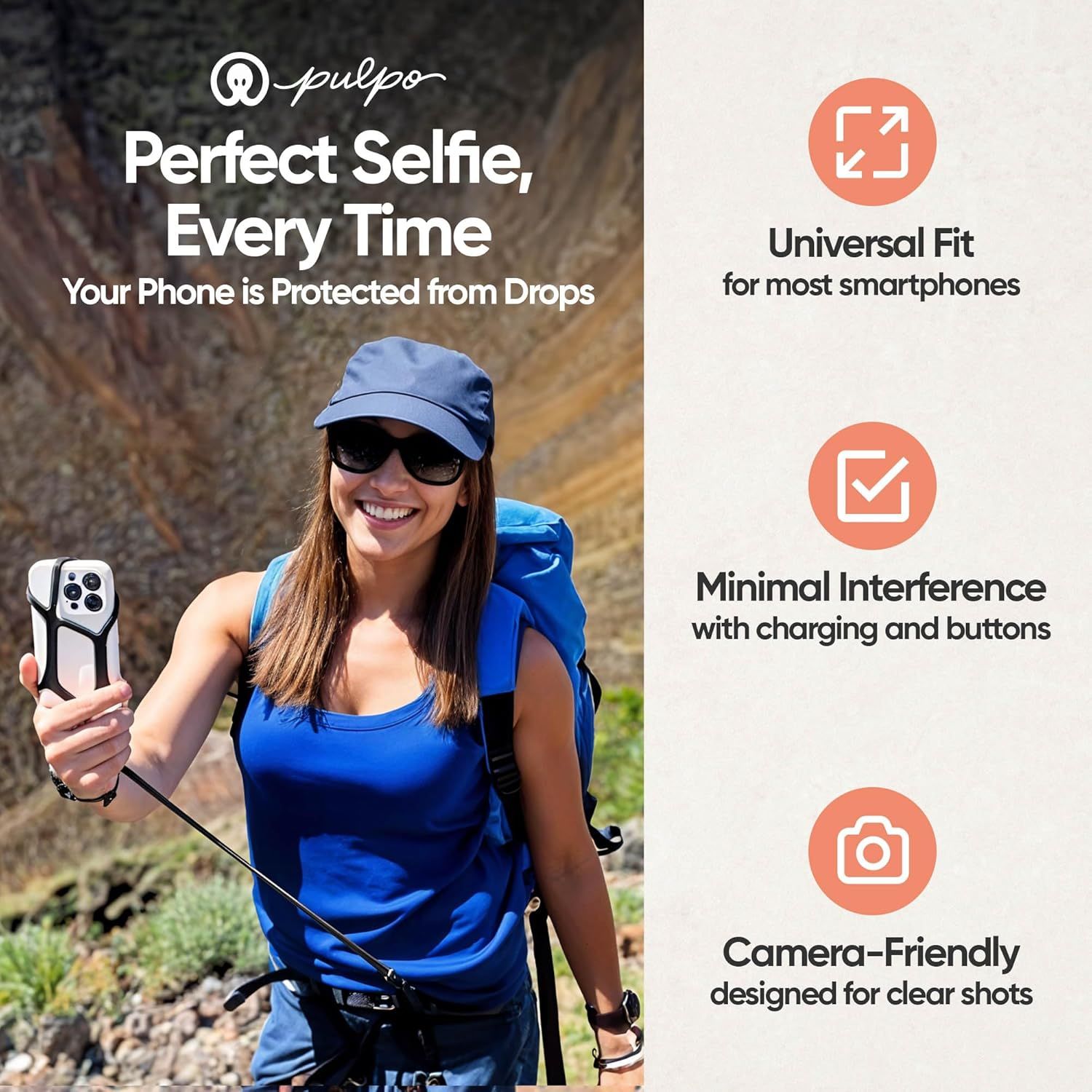 Communicates multiple key benefits of the phone case in a segmented layout, showing drop protection, compatibility, button access, and camera clarity to reassure shoppers of comprehensive…