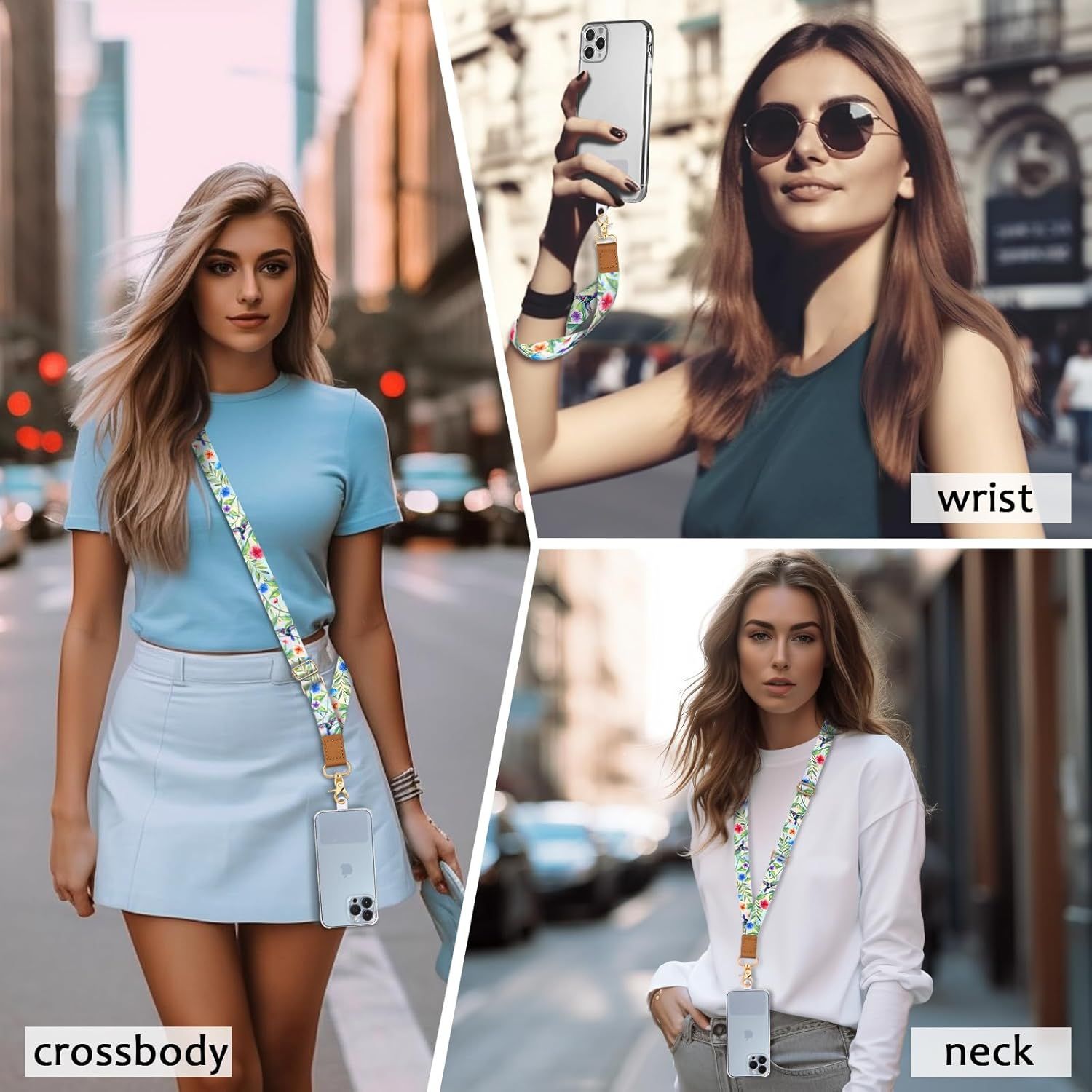 Demonstrates the versatility of the phone strap accessory by showing three different ways to wear and use it in real-world lifestyle contexts.