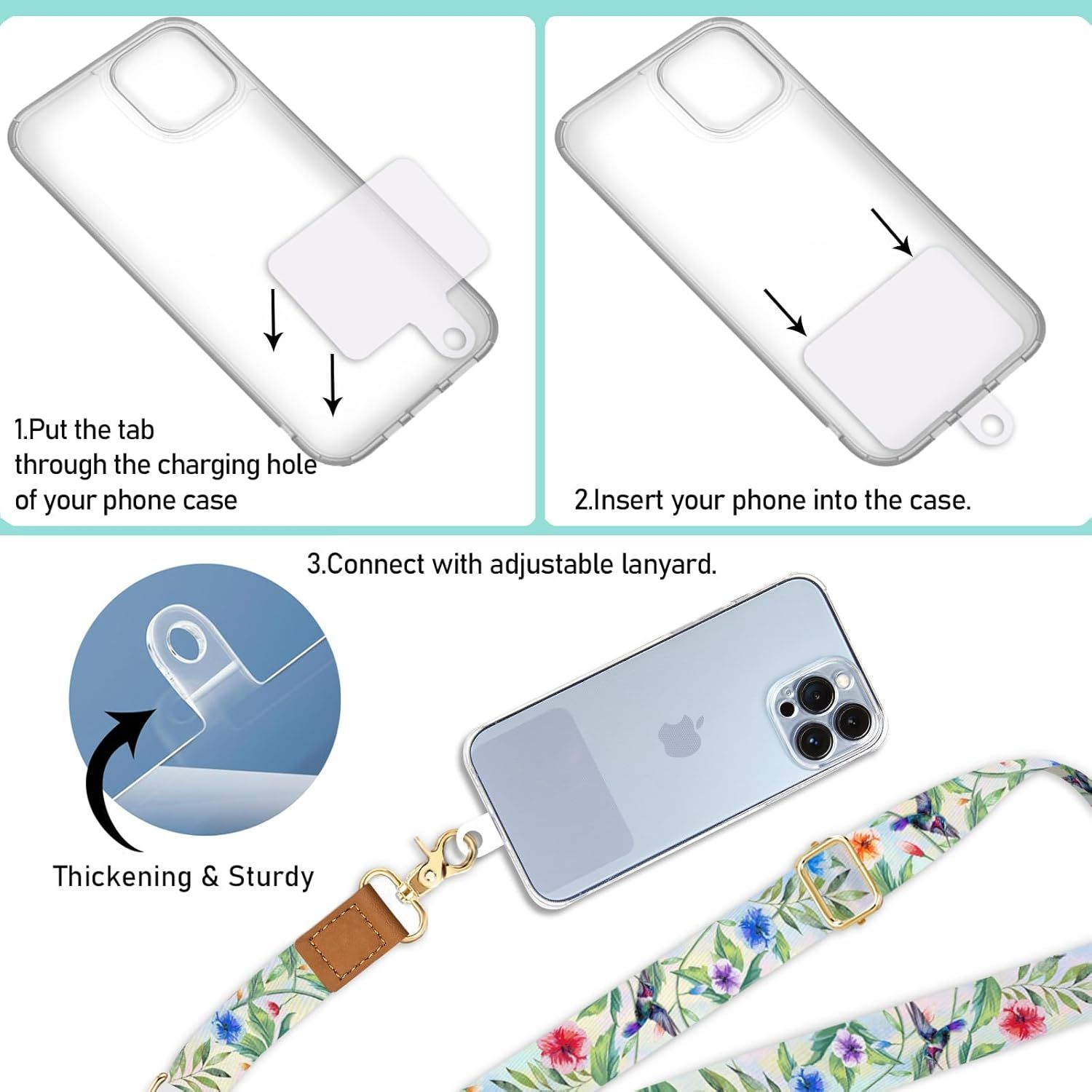 Provides step-by-step visual instructions showing shoppers how to install the phone case and attach the adjustable lanyard, making setup clear and easy to understand.
