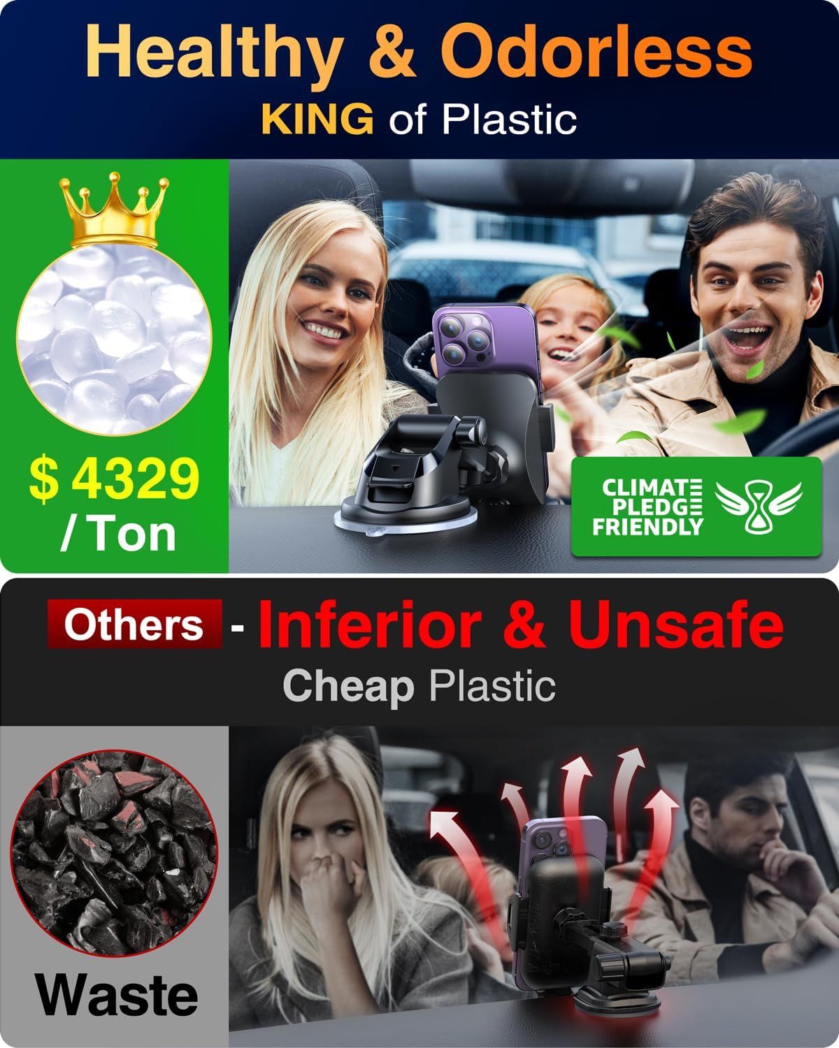 This image contrasts the advertised product as healthy, odorless, and climate-friendly against competitors' inferior, unsafe, and cheap plastic alternatives to establish superiority and reassure…