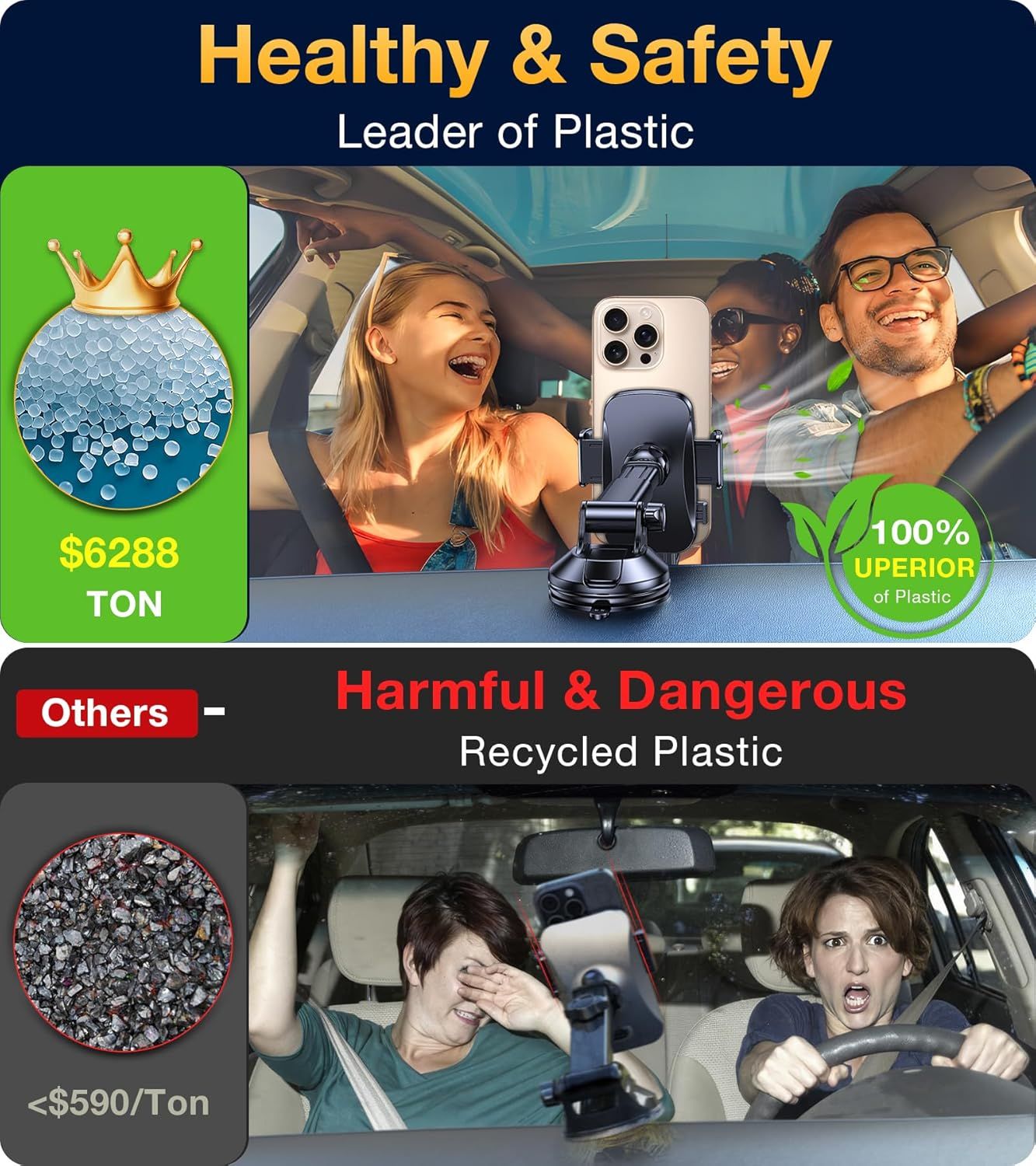 This image contrasts the advertised product (made from superior, safe plastic) with competitors (using harmful recycled plastic), emphasizing material quality, safety, and value to persuade shoppers…