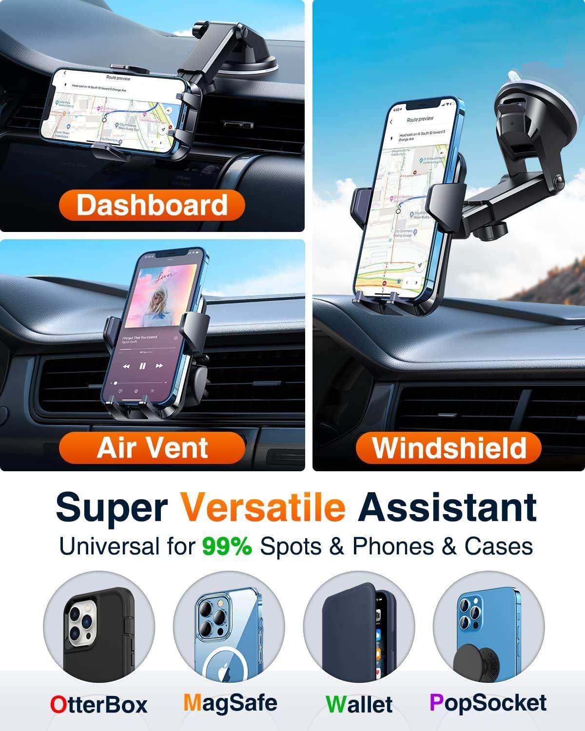 Demonstrates the product's versatility by showing three different mounting locations (dashboard, air vent, windshield) and compatibility with various phone cases and accessories, reassuring shoppers…