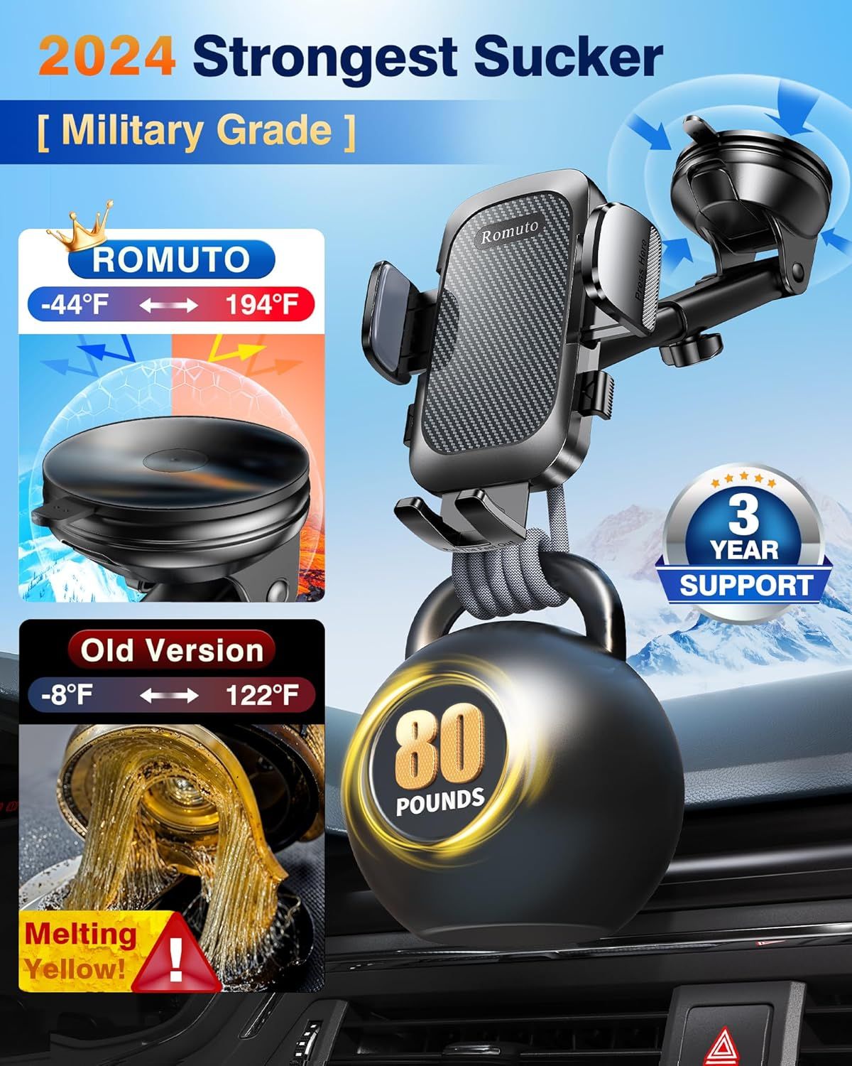 Demonstrates the superiority of the 2024 Romuto model over the old version by showing improved temperature tolerance (-44°F to 194°F vs -8°F to 122°F) and stronger suction power (80 pounds), while…