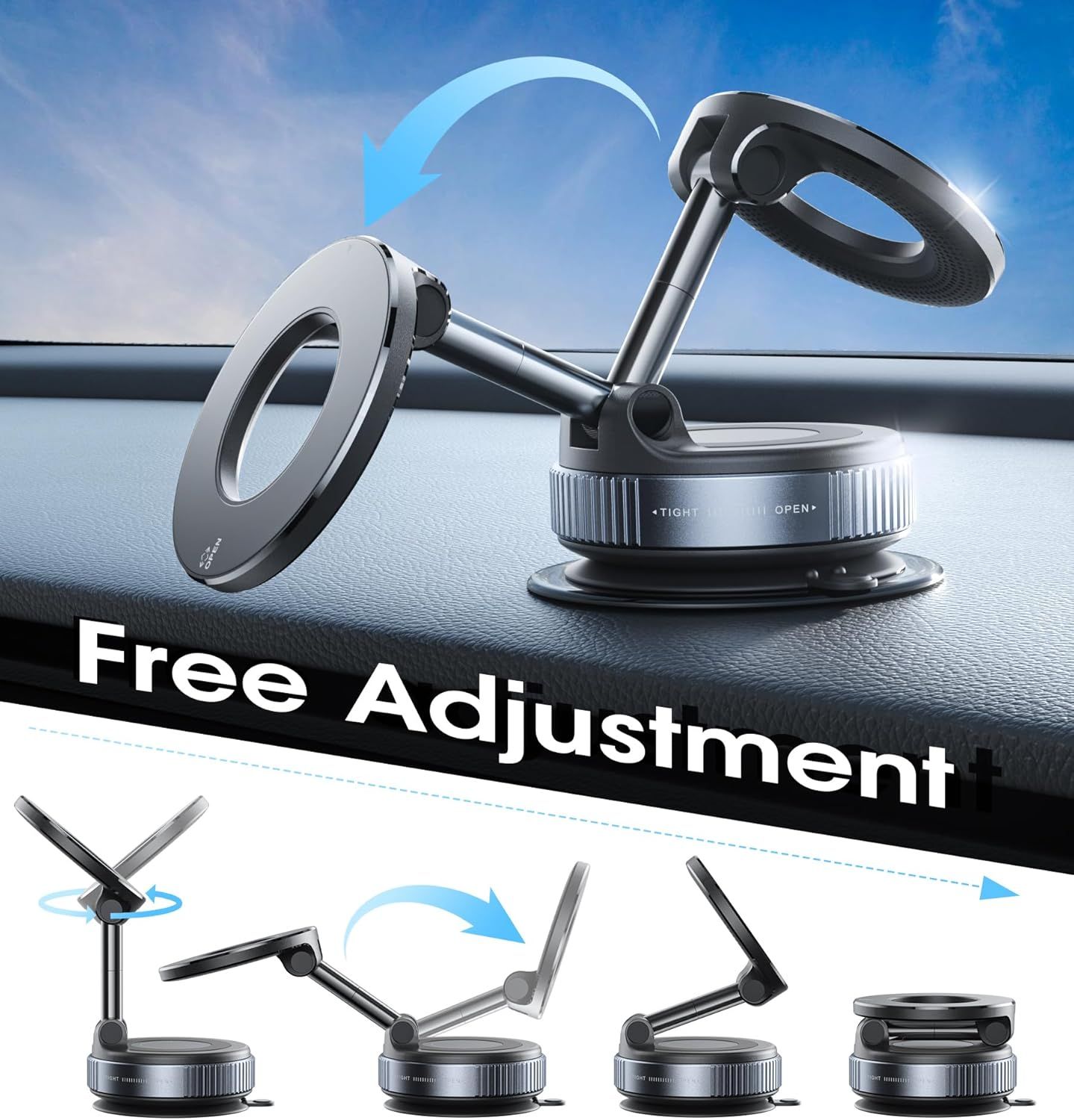 Demonstrates the product's flexible articulating arm that can be adjusted and positioned freely to multiple angles, reassuring shoppers of its versatility and ease of use.