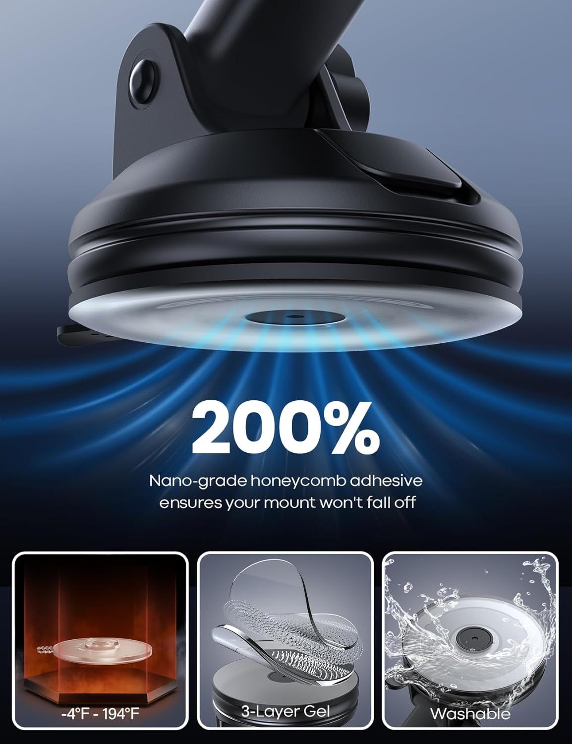 Communicates the superior adhesive strength of the mount to reassure shoppers that it will stay securely attached and not fall off. Highlights multiple distinct benefits of the adhesive mount…