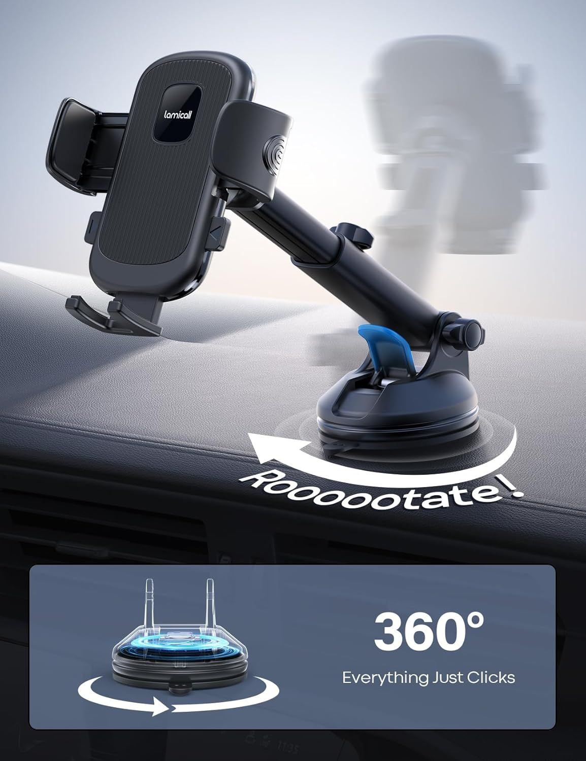 Demonstrates the phone mount's dual key features: the ability to rotate 360 degrees for optimal viewing angles and its stable suction base that can be repositioned, reassuring shoppers of its…