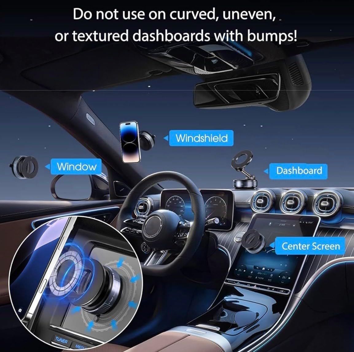 Demonstrates the versatility of the car phone mount by showing multiple placement options (window, windshield, dashboard, center screen) to reassure shoppers it will work in their specific vehicle…