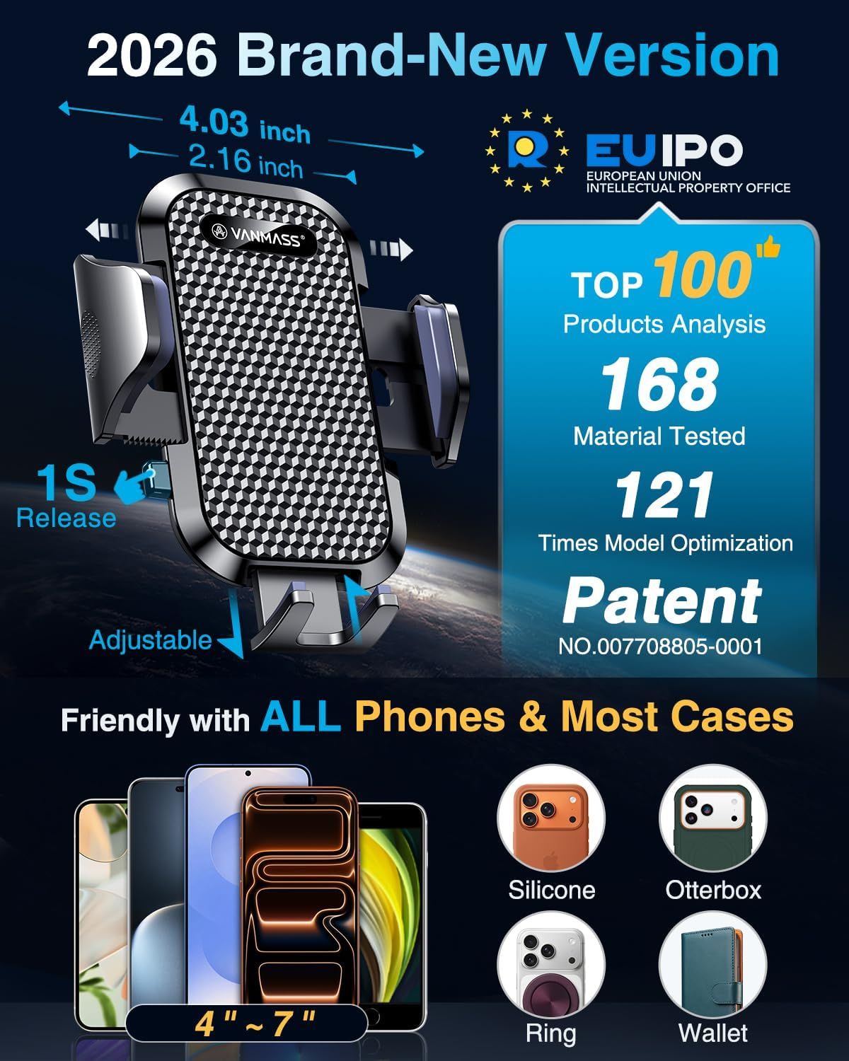 This image showcases multiple distinct selling benefits of the phone holder in a visually segmented layout, including its updated 2026 version, precise dimensions, quick-release mechanism,…