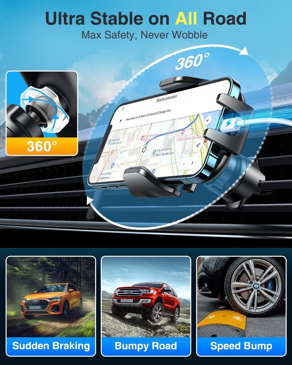 Demonstrates the phone mount's key benefits: 360-degree adjustability for optimal viewing angles and ultra-stable grip that won't wobble across different driving scenarios including sudden braking,…