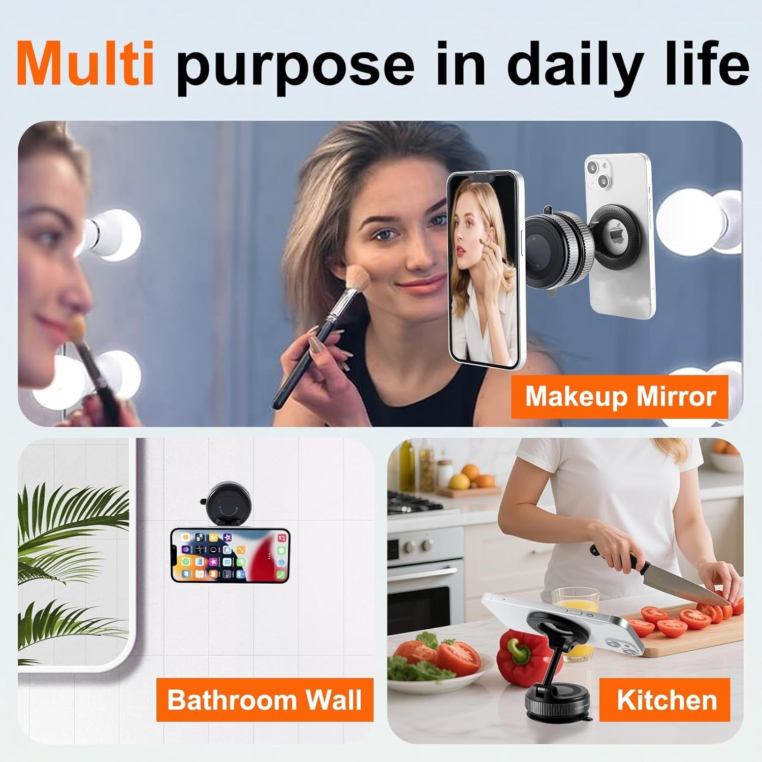 Demonstrates the product's versatility by showing multiple use cases across different environments—as a makeup mirror, bathroom wall mount, and kitchen stand—to communicate that this is a…