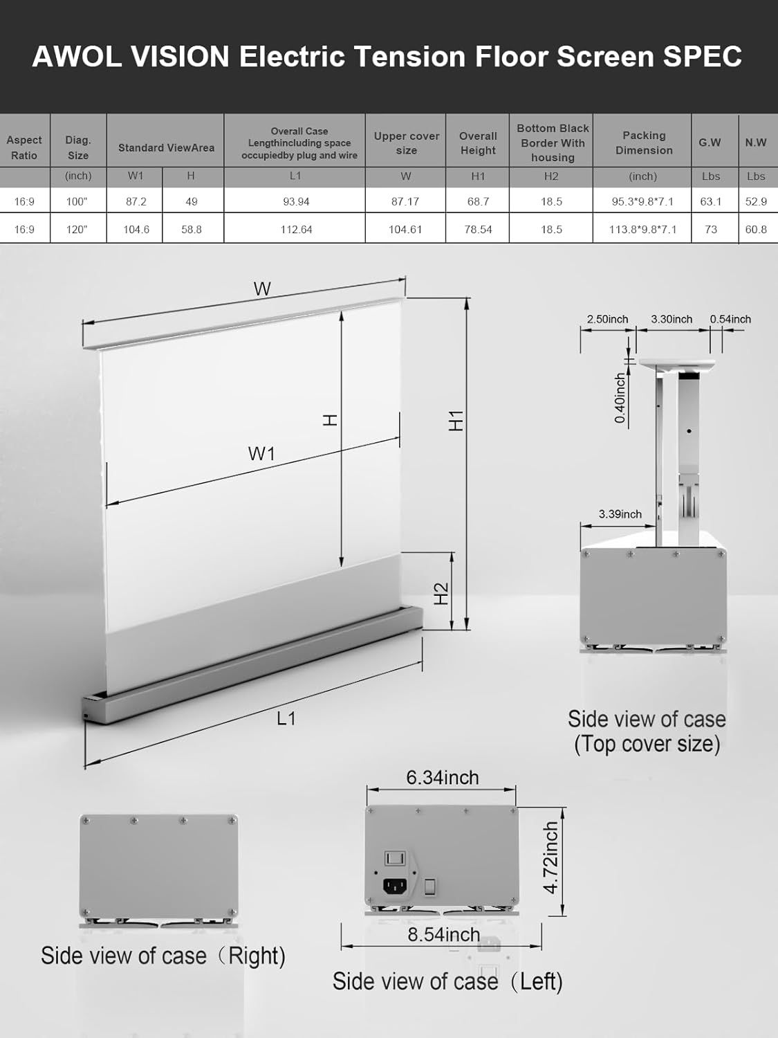 Provides detailed dimensional specifications and technical measurements for the electric tension floor screen, helping shoppers understand the exact physical…