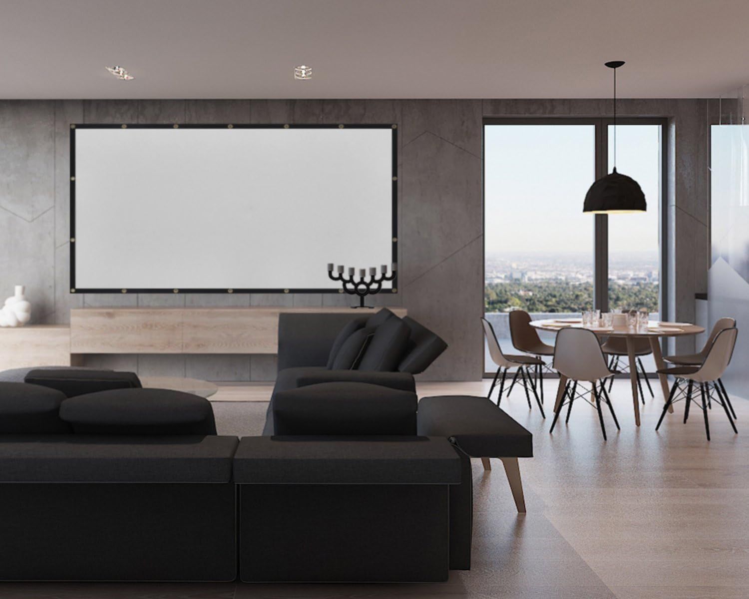 Demonstrates the product (projector screen) in a real-world luxury home environment to help shoppers visualize how it integrates into contemporary living…