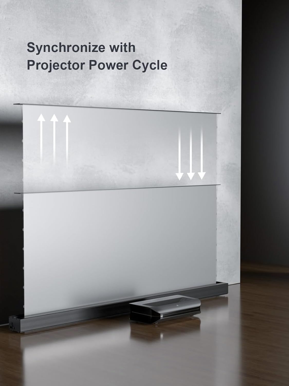 Communicates that the projector screen can synchronize with the projector's power cycle, automatically raising and lowering to match the projector's on/off…