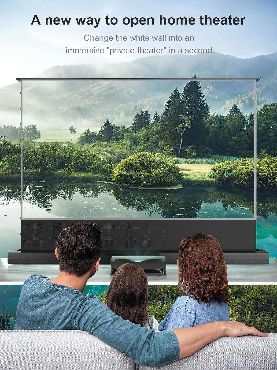Communicates the product's ability to transform any space into an immersive private theater instantly, emphasizing the cinematic viewing experience and ease…