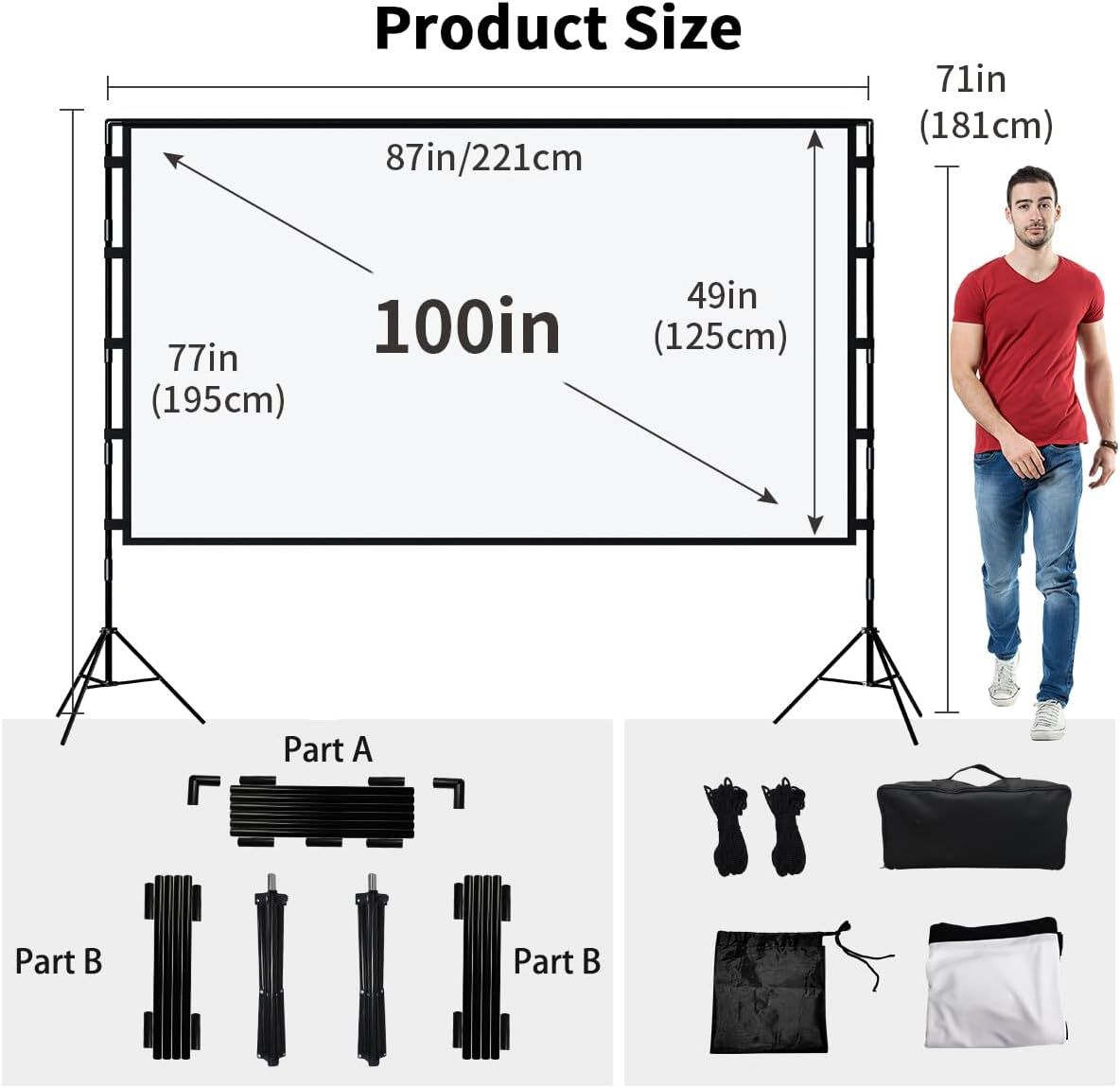 Communicates the exact physical dimensions of the projector screen (100in diagonal, 77in height, 49in width) with a human figure for scale reference, helping…