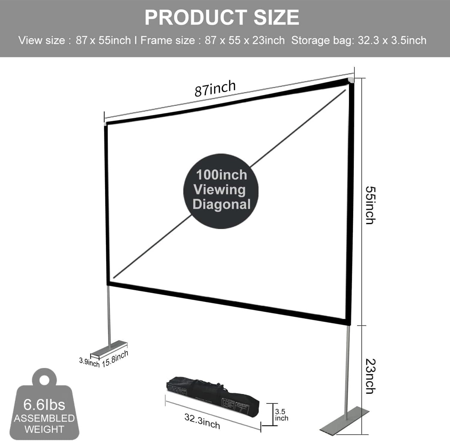 Communicates the exact physical dimensions of the projector screen (frame, viewing area, storage bag) and weight to help shoppers understand the product's…