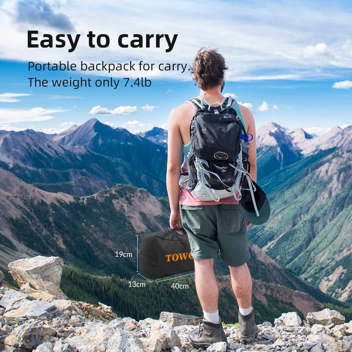 Communicates the product's portability by showing its light weight (7.4lb) and compact folded dimensions (40cm x 19cm x 13cm), reassuring shoppers it's easy…