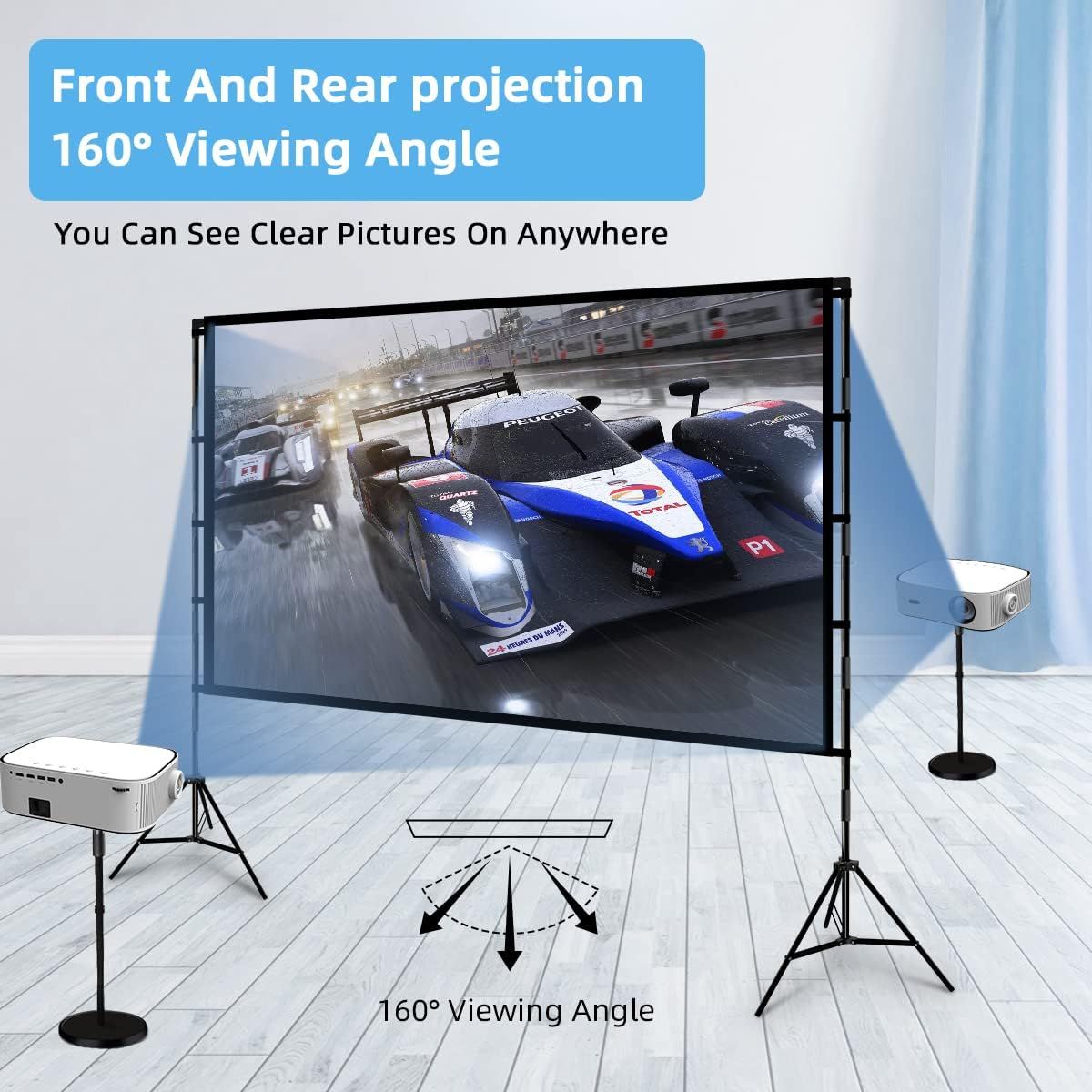 Communicates that the projector screen offers a 160-degree viewing angle, allowing viewers to see clear pictures from multiple positions in the room.