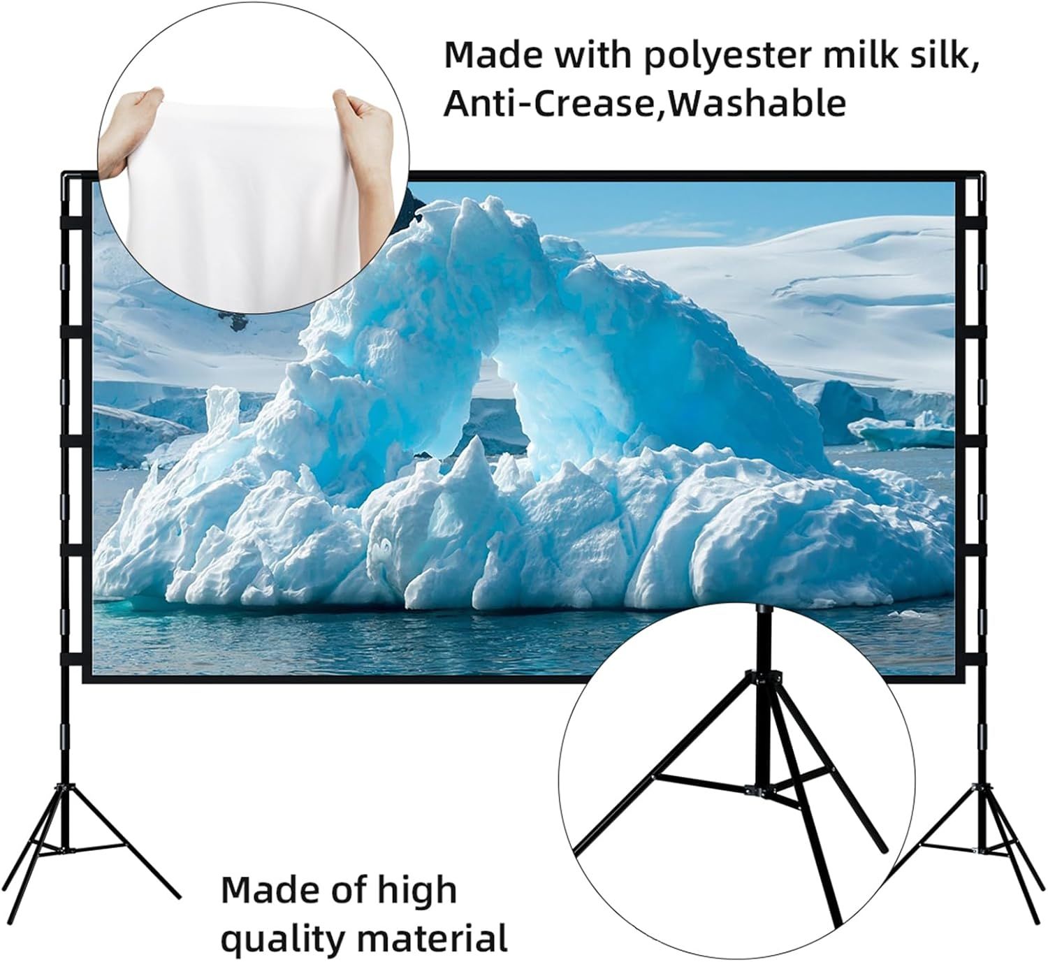 Highlights the physical components and material quality of the photography backdrop, showing the fabric texture and stand construction to reassure buyers of…