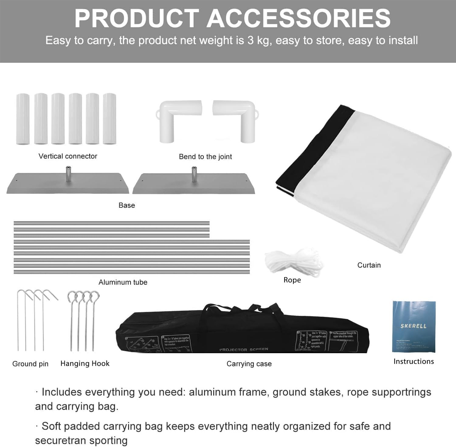 Shows all components included with the product to reassure shoppers they receive everything needed for setup and use, including frame, curtain, carrying case,…